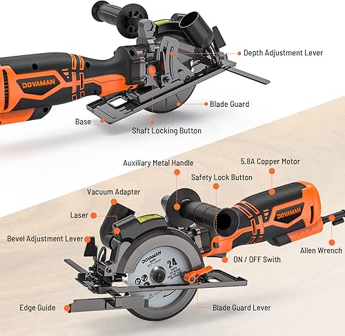 Vista 8 de DOVAMAN Sierra Circular, 5.8A 4-1/2" sierra circular con láser, mango auxiliar de metal, 6 cuchillas (4½", 4¾"), Profundidad de corte 1-11/16