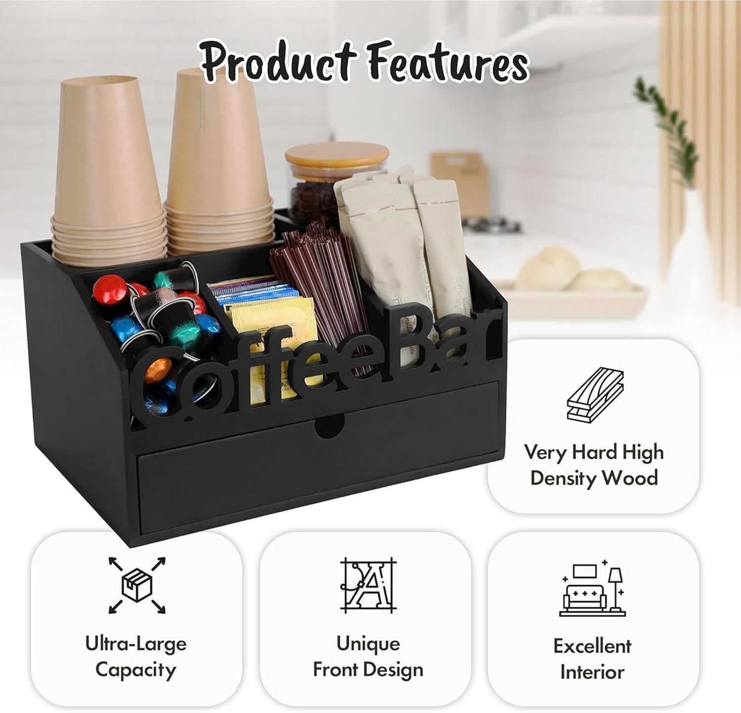Coffee Bar Organizer, Pod Holder Storage Box, 31x20x17cm Coffee Station Organizer with Drawer, Excellent Divided Accessories Rack, Kitchen Storage Stand, Home Office Countertop Bar