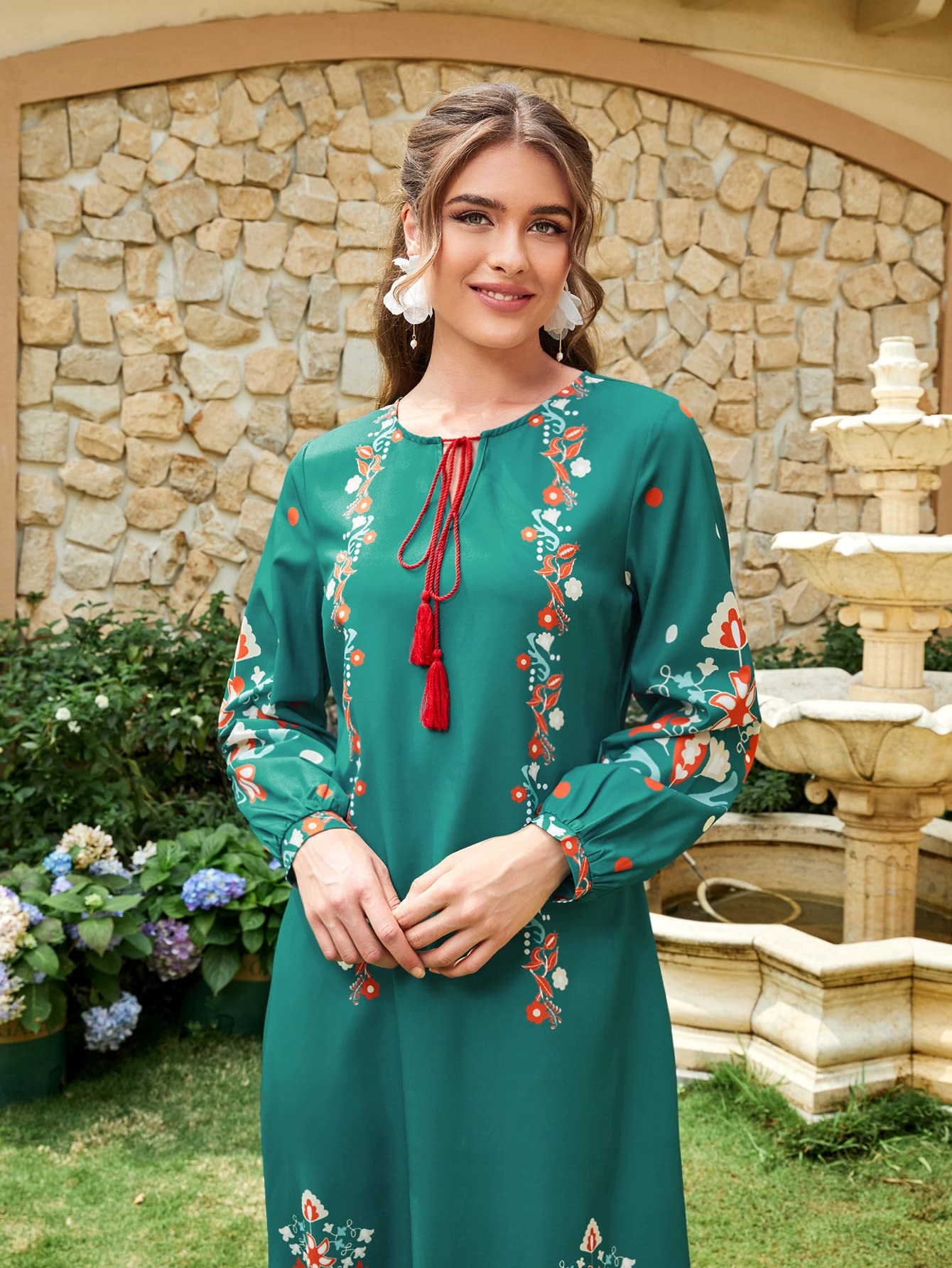 embroidered lantern sleeve tassel tie smock dress YANRU women's tropical dresses Floral Print Lantern Sleeve Tassel Tie Neck  Ruffle Hem Dress (Size : S) : Buy Online at Best Price in KSA