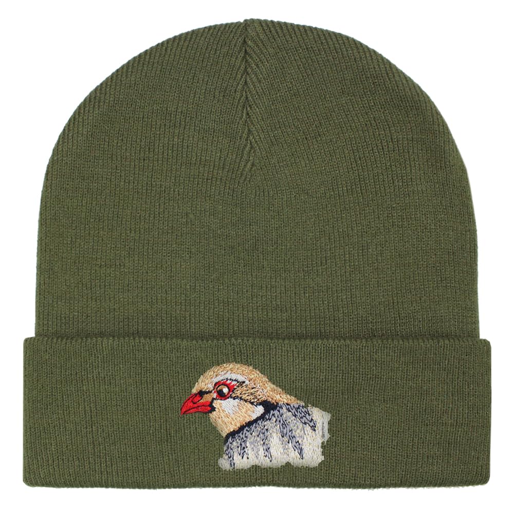 TeddyT's Red-Legged Partridge Embroidered Luxury Soft Rib Beanie Hat (Khaki Green)