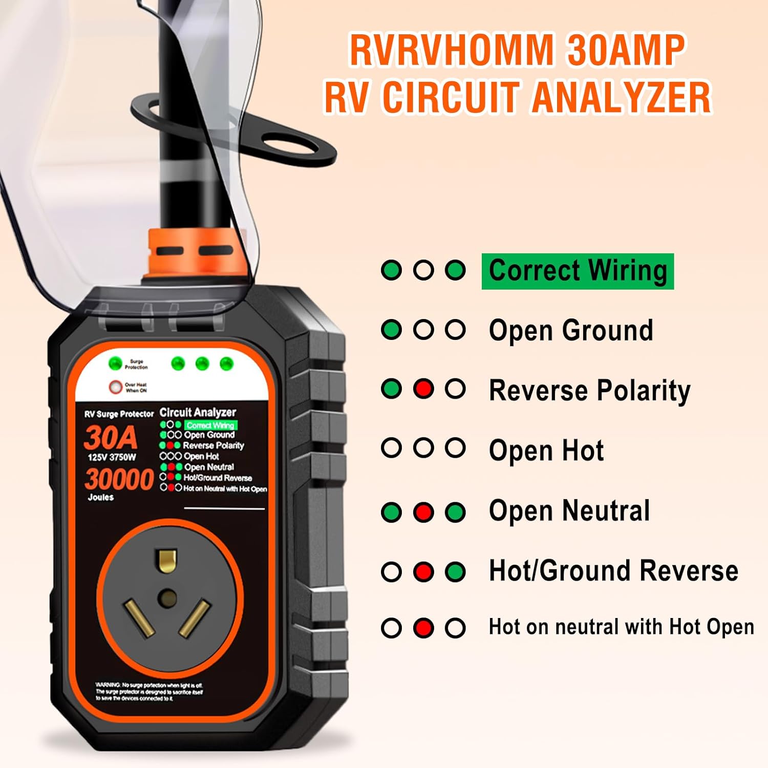 30000J 30Amp RV Surge Protector 30 Amp Flag Design - Upgraded Power Surges Voltage Protection Circuit Analyzer IP68 Waterproof Cover for 30A RVS Camper Trailer Must Haves (30Amp, Orange)