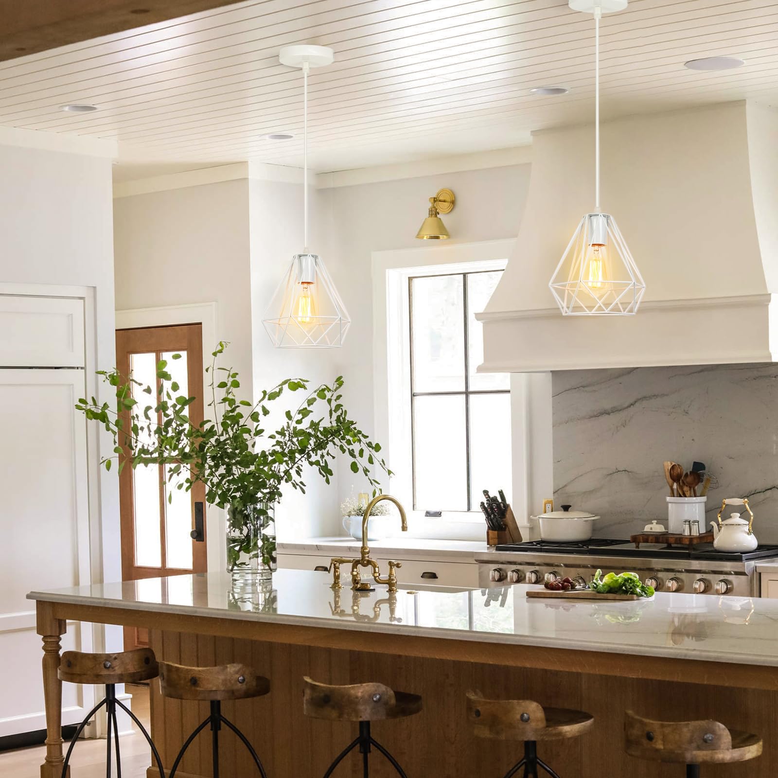 iDEGU Lot de 2 Suspensions Luminaires Moderne 20cm Éclairage de Plafond E27 Lustre Industriel en Métal Abat-jour Luminaire Design Cage Suspension Vintage pour Chambre Cuisine Café Restaurent (Blanc)