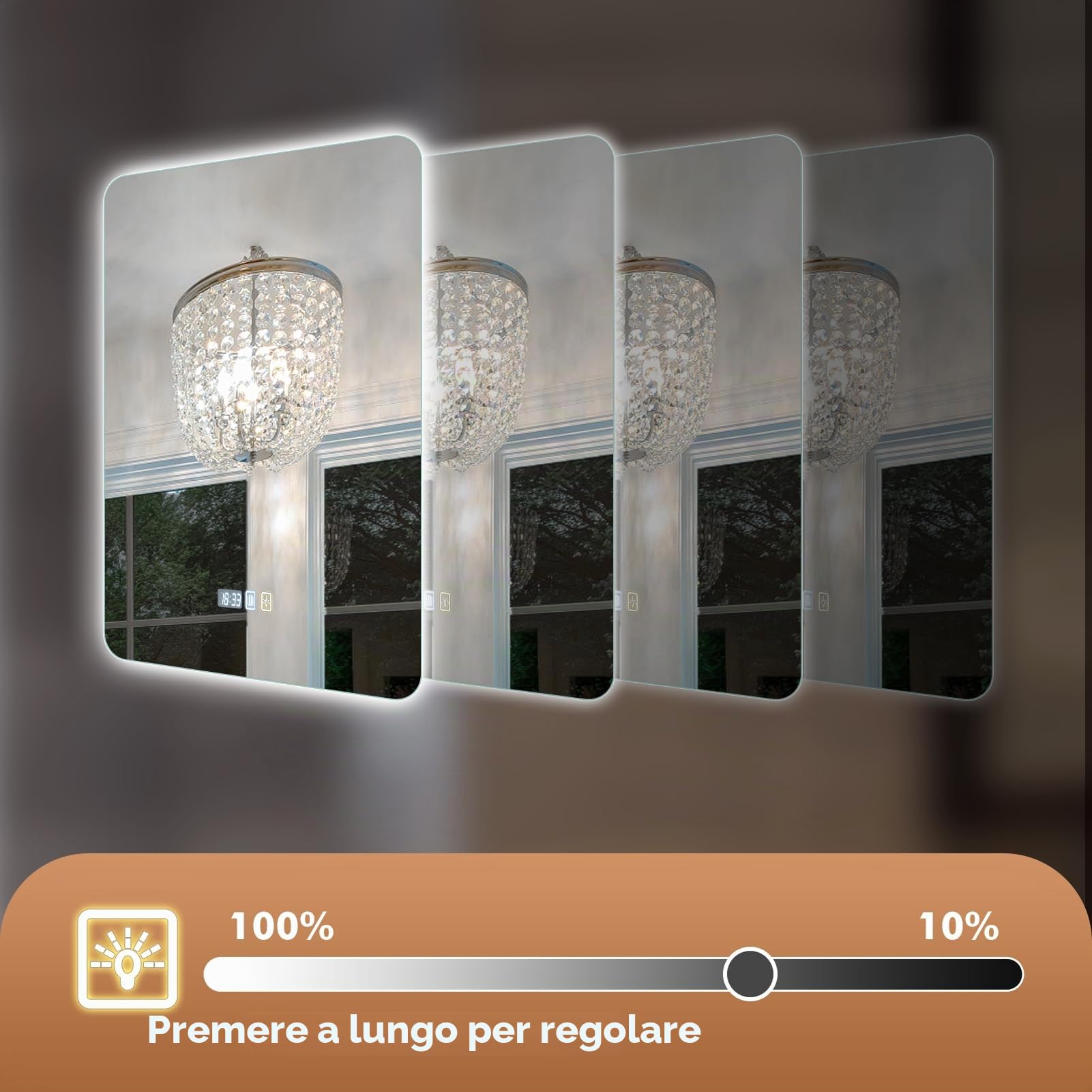 Specchio Bagno con Luce, quadrato 50×70cm e doppio interruttore touch, antiappannamento, luce dimmerabile a 3 colori, specchio demister con retroilluminazione per bagno