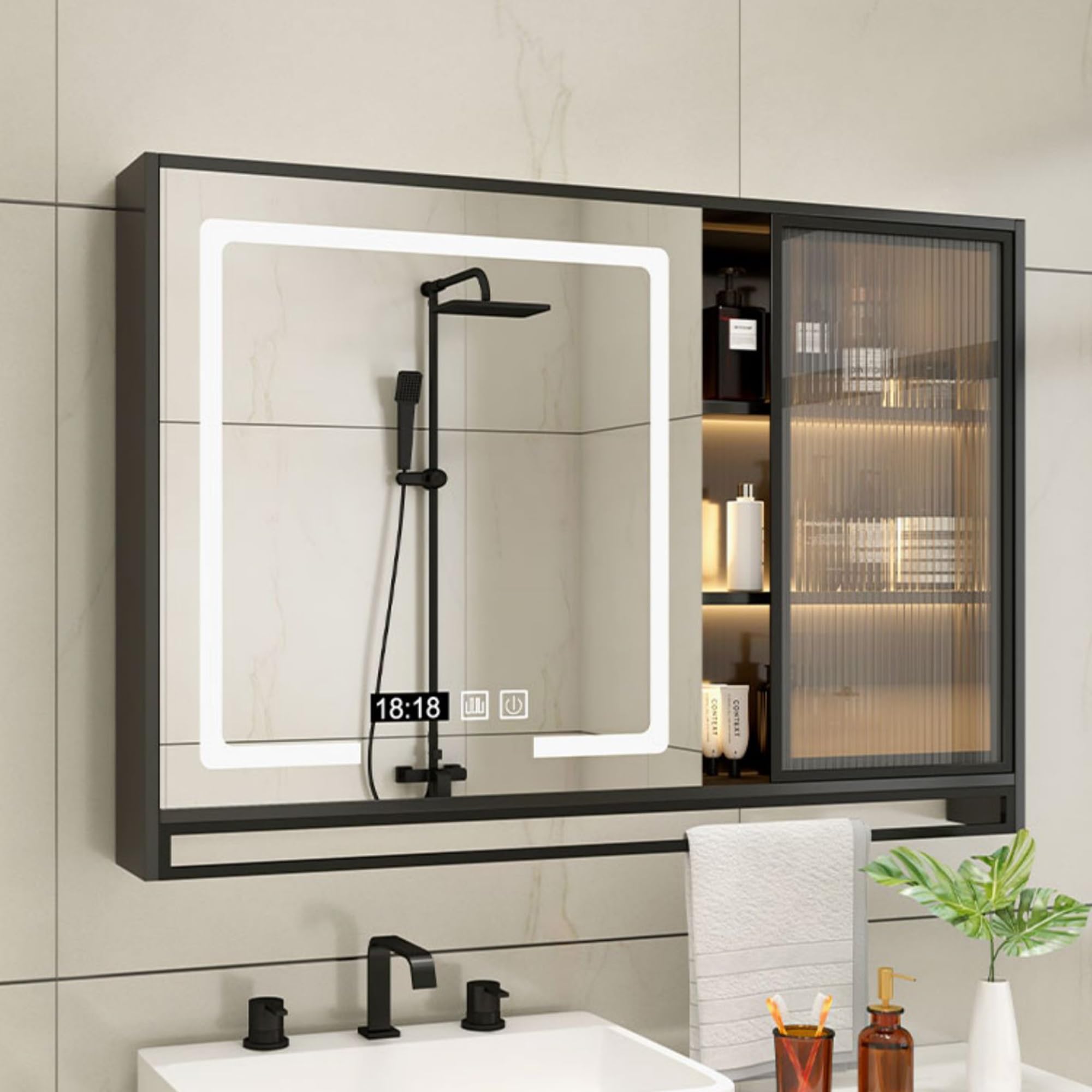 BKSXSOP Modern Medicine Cabinet with Time Display & Defogger, Wall-Mounted Bathroom Vanity Towel Bar, Storage Mirror Cabinet, Above Toilet (Black, 80x13x75 cm)