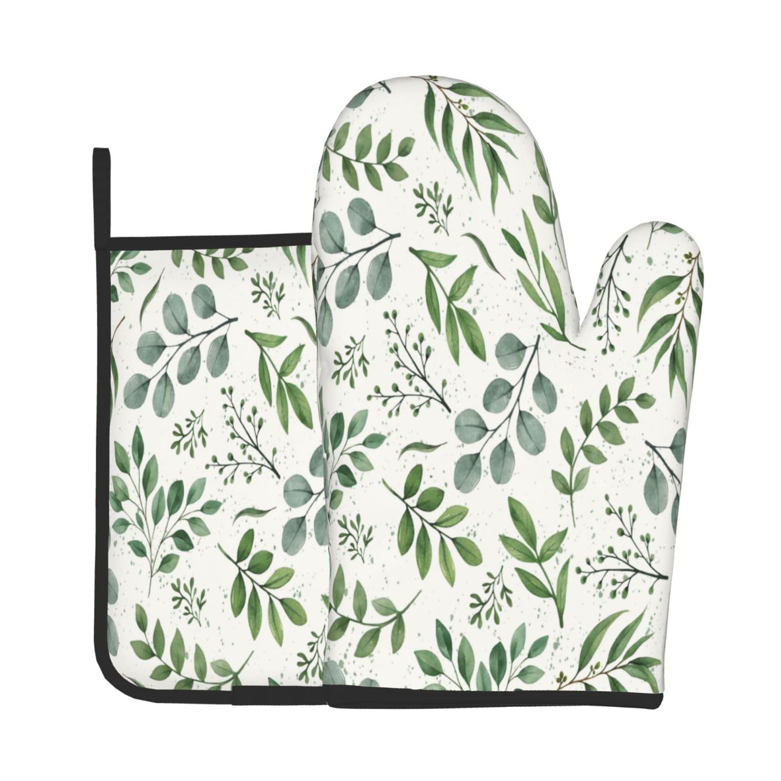 Sage Green Oven Mitts and Pot Holders Sets Eucalyptus Leaves Oven Mitts Heat Resistant Watercolor Leaf Botanical Kitchen Gloves Hot Pads Two Piece Set for Cooking Baking Grilling BBQ