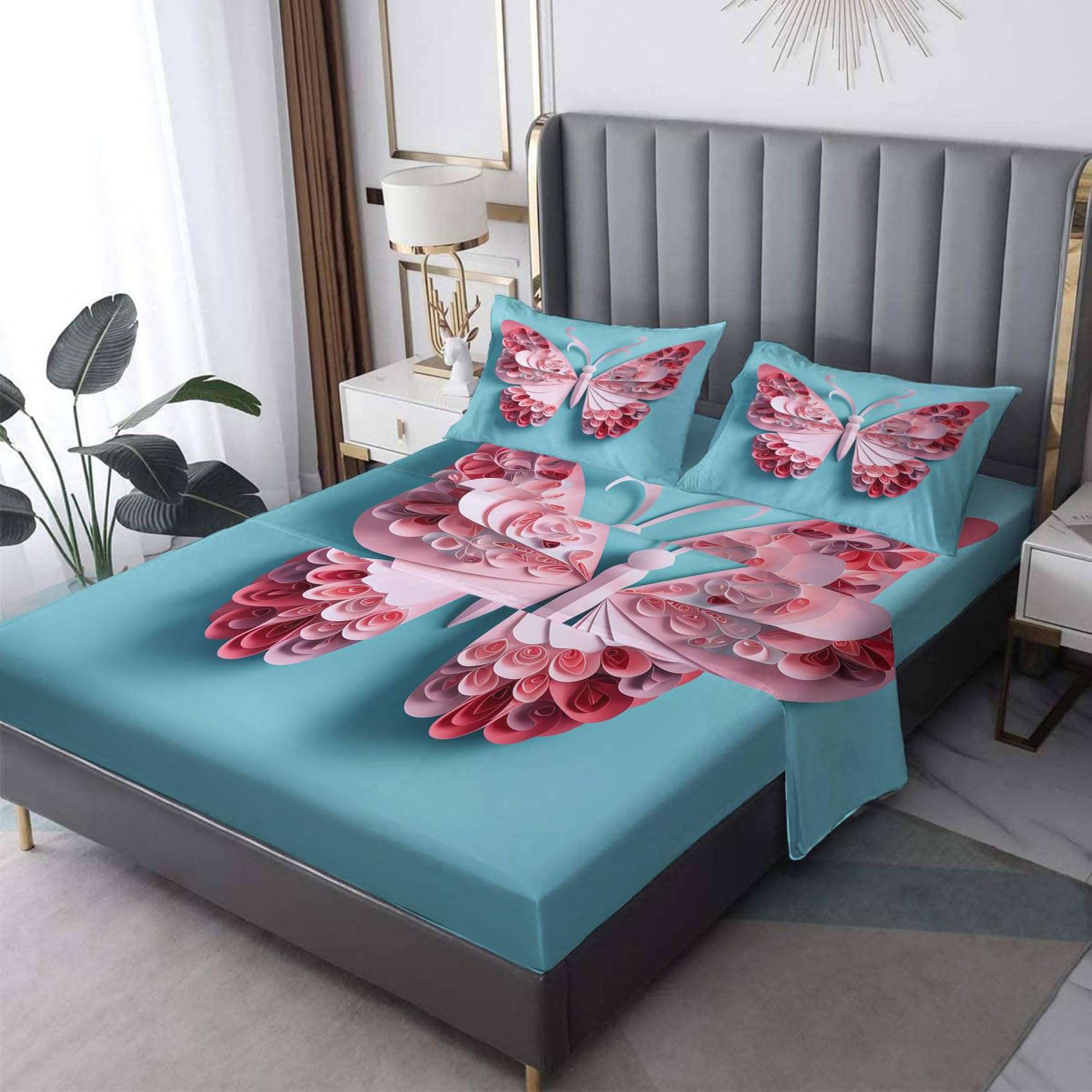 Wildflower Sheets California King Size, Butterflies Plant Bed Sheets
