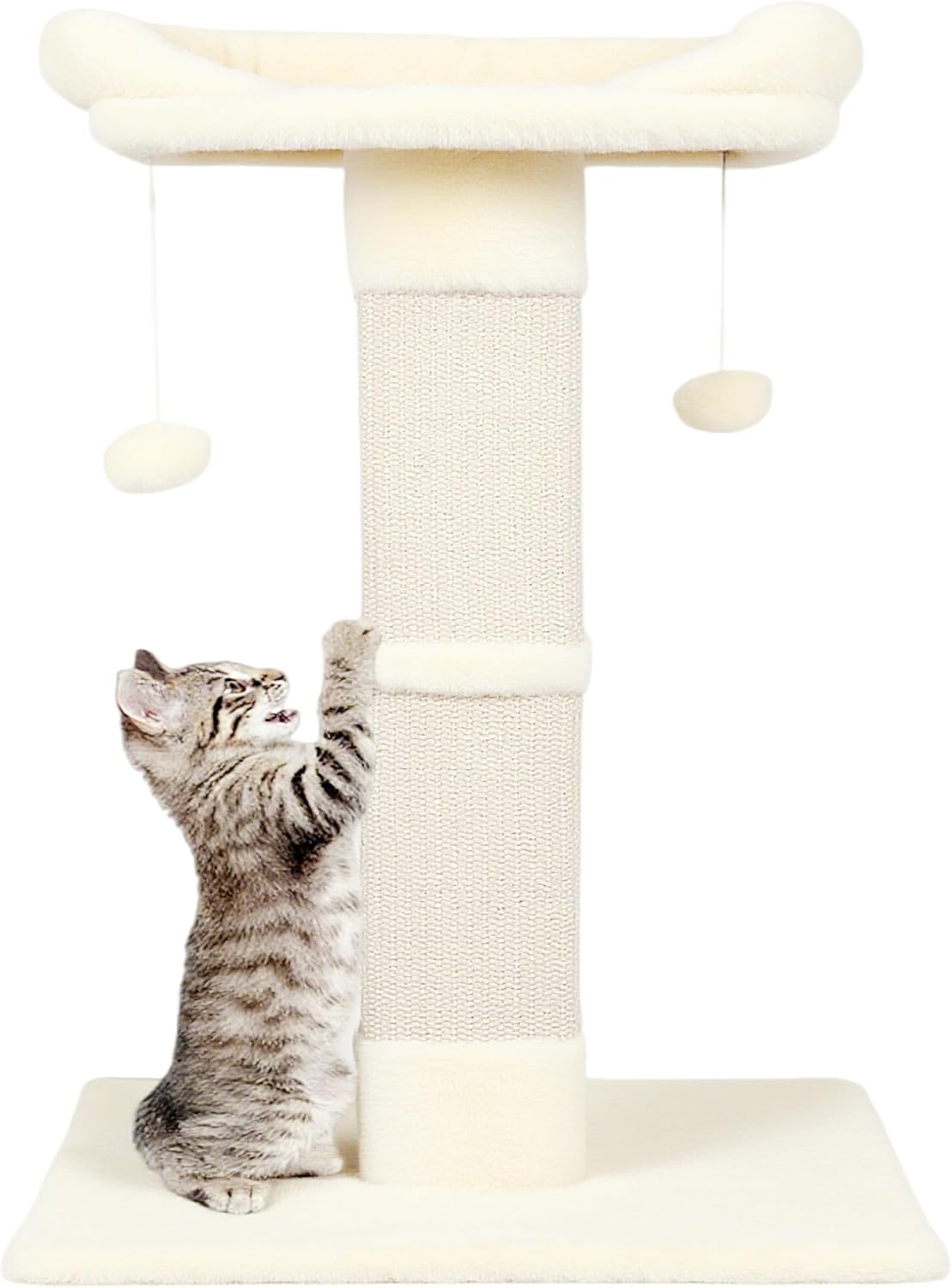 34″ Cat Scratching Post for Indoor Cats, Sisal Cat Scratcher with Large Plush Perch, Vertical Posts with Elevated Bed and with Two Dangling Balls, Removable & Washable Cover, Beige White