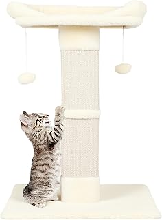 34" Cat Scratching Post for Indoor Cats, Sisal Cat Scratcher with Large Plush Perch, Vertical Posts with Elevated Bed and with Two Dangling Balls, Removable & Washable Cover, Beige White