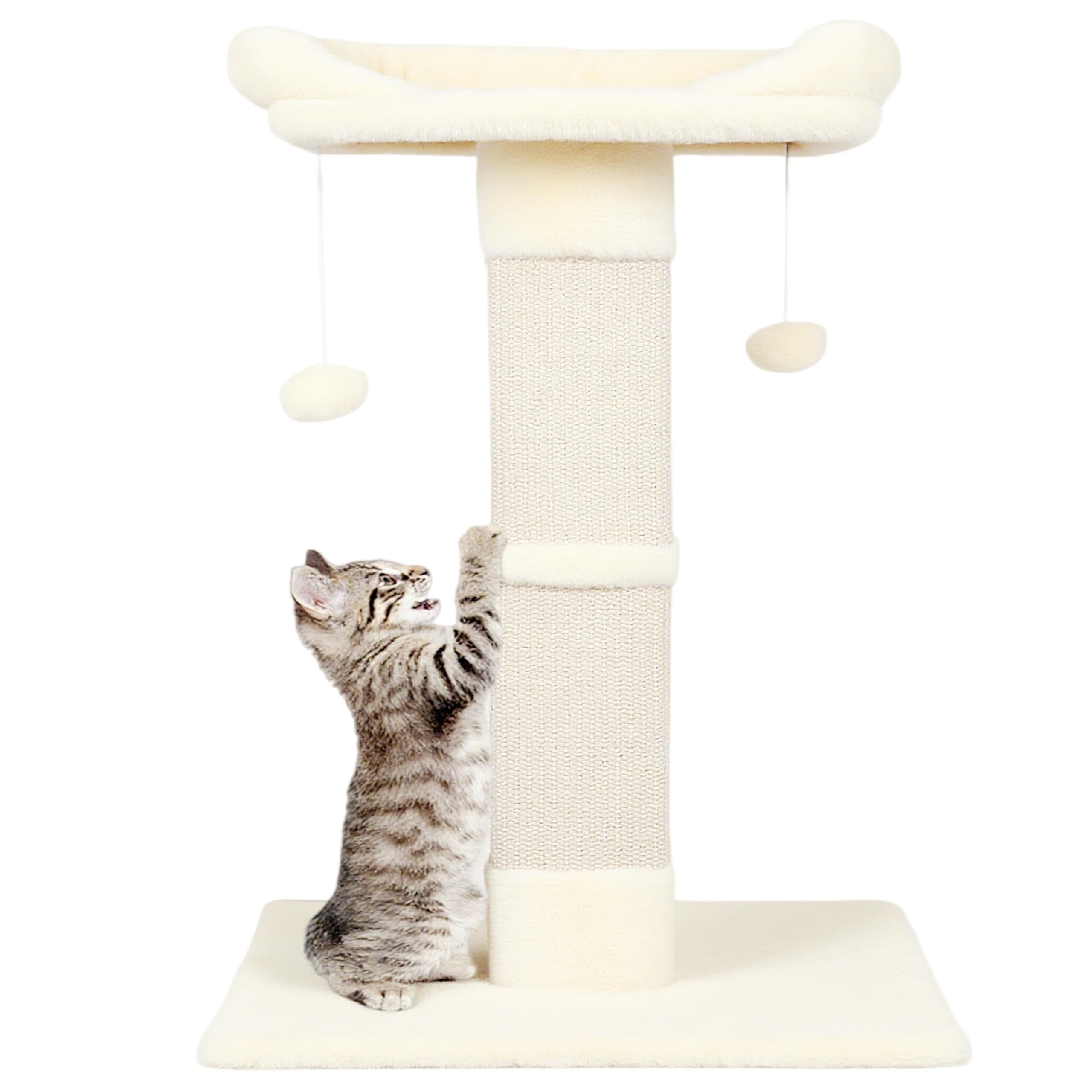 View 1 of **MISSING PARTS**Runske 34" Cat Scratching Post for Indoor Cats, Sisal Cat Scratcher with Large Plush Perch, Vertical Posts with Elevated Bed and with Two Dangling Balls, Removable & Washable Cover, Beige White