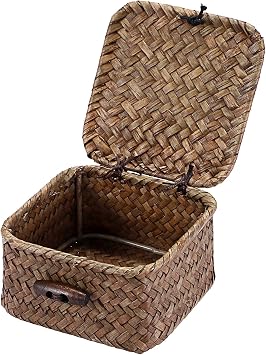 Mini Seagrass Basket Handwoven Small Wicker Basket with Lid Square Portable Storage Baskets for Key Jewelry Decorative Organizer Box for Shelf, 3.5"L x 3.5"W x 2"H