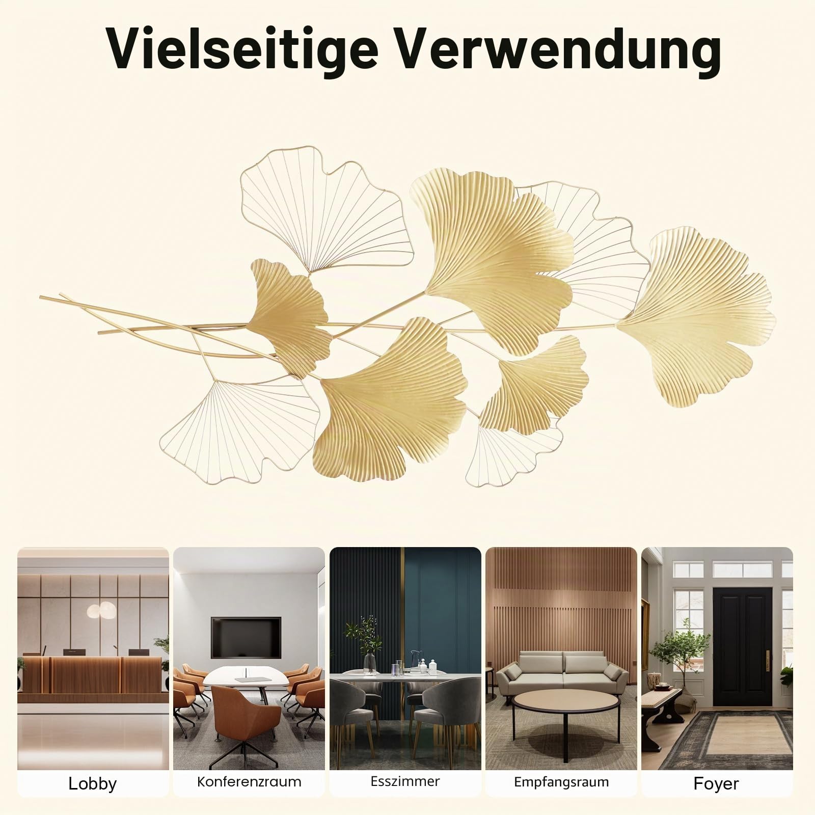 PBTERDTF Wanddeko Metall Gingko 3D Blätter Wandbild GoldWanddekoration Wohnzimmer Dekoration Wand Dekor aus Eise für Wohnzimmer Schlafzimmer Esszimmer (109x55cm)