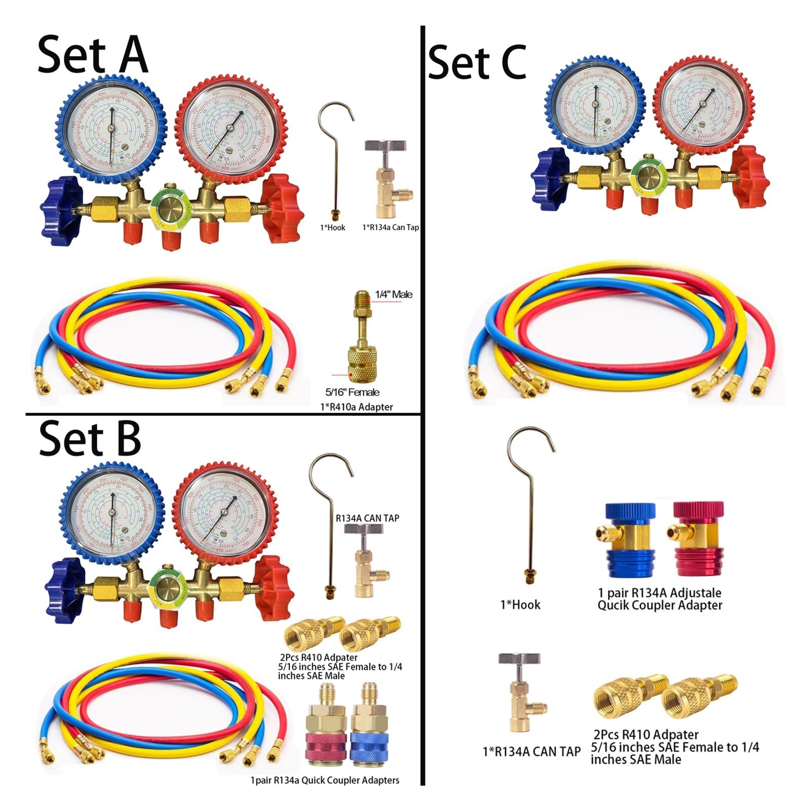 Juego de manómetro de colector de refrigerante, herramienta de diagnóstico de aire acondicionado, manguera de gancho for carga de refrigerante R410A R22 R404A R134A Detección en tiempo real(SET C)