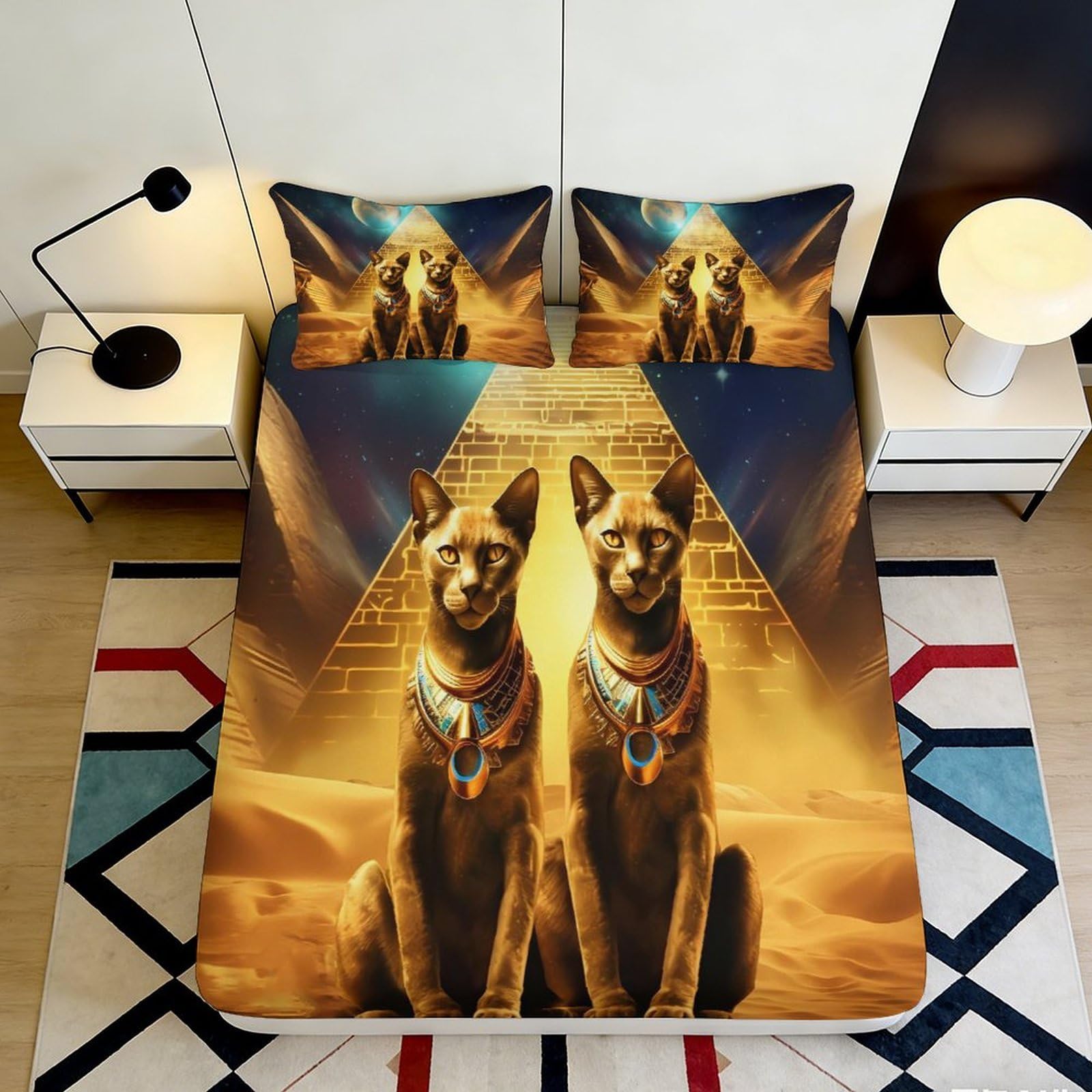 3D Printed Egyptian Pyramid Fitted Sheet Microfiber Soft Breathable Anubis Bed Cover for Bedroom Dorm Mattress Decor 200x200x25cm