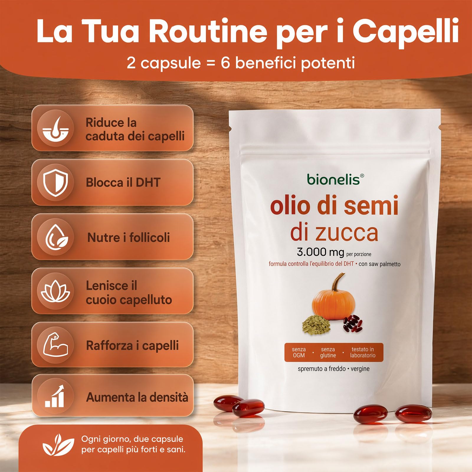 Bionelis Olio di Semi di Zucca e Saw Palmetto 3000mg, 2026 Olio di Semi di Zucca per Capelli, Vegano, Favorisce la Crescita dei Capelli, 180 Capsule Softgel (1 borsa)