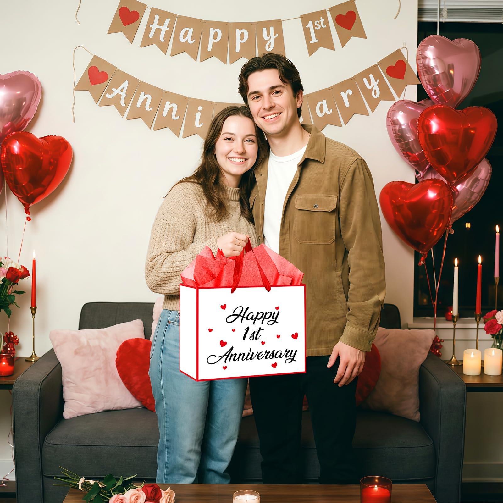 Innovoscape Happy 1st Anniversary Party Gift Bag 1st Anniversary Favor Bag with Card and Tissue Paper Valentine's Day Gift Bag Large One Year Wedding Bag for Couple Wedding Party Decorations
