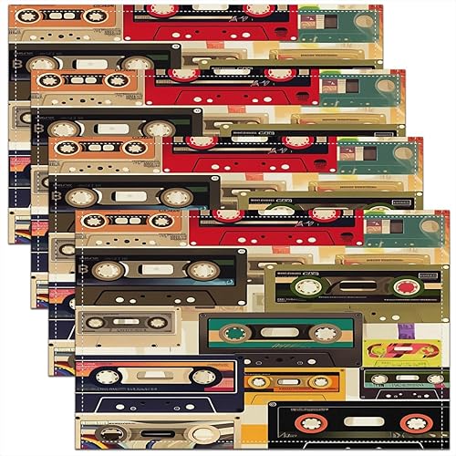 Miniatura 1 de jejeloiu Juego de 4 manteles individuales con estampado de radio Boombox de 18 x 12 pulgadas, manteles individuales retro para mesa de radio,