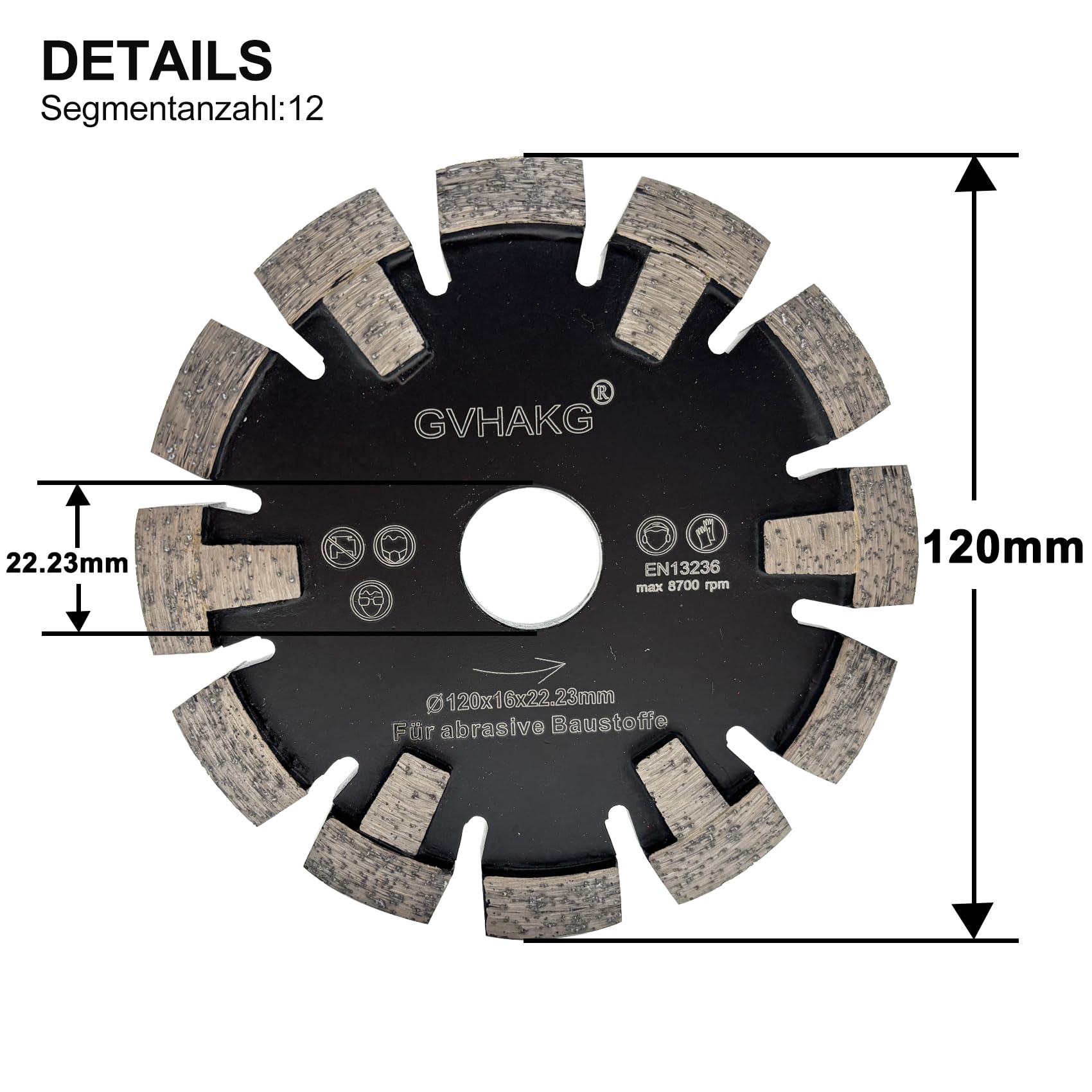 Dientes protectores Tuck Point - Hoja de sierra de diamante para corte en seco de hormigón medio ranurado, ancho de segmento 16 mm, altura de segmento 10 mm (120 x 16 x 22,23 mm)