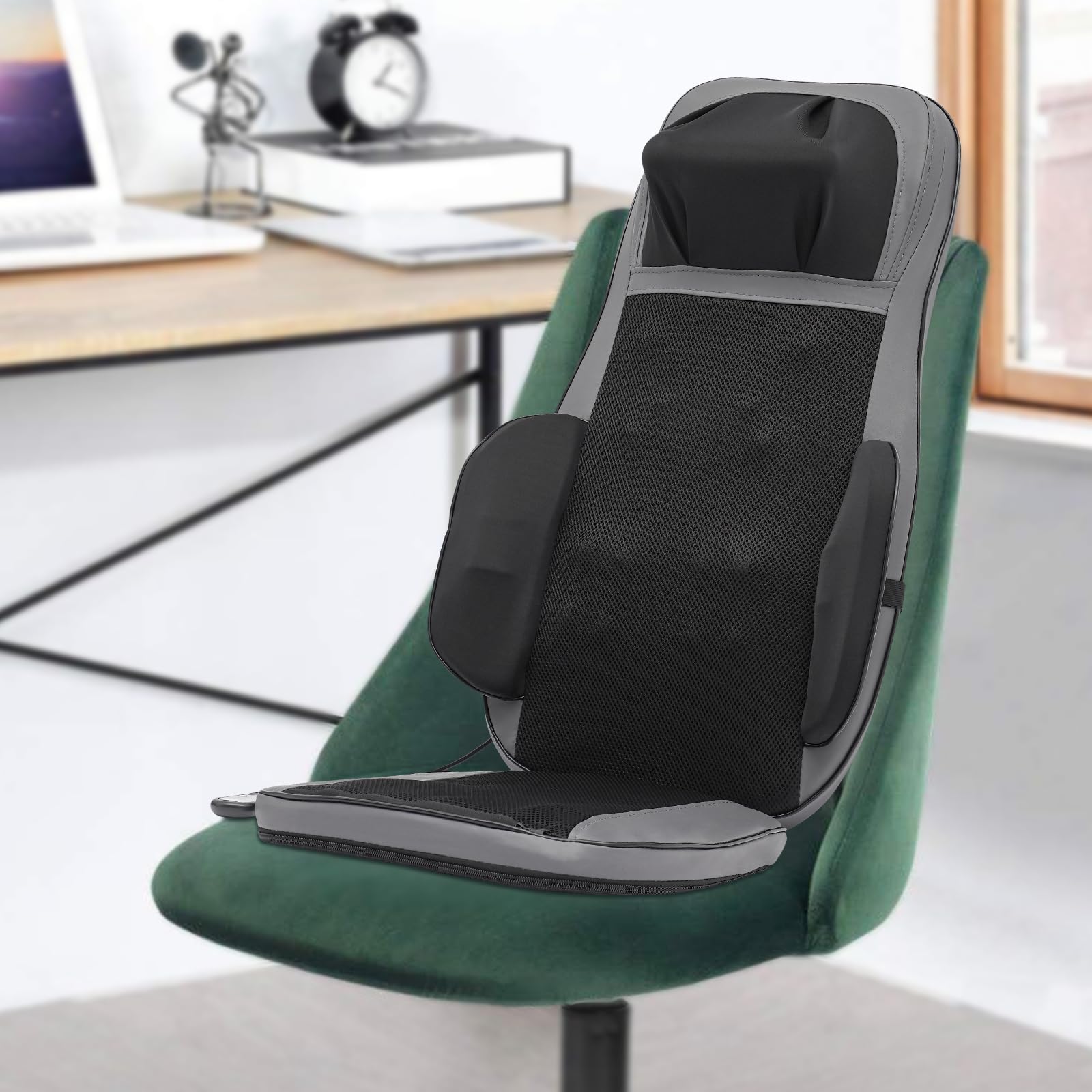 Masajeador de espalda con calor, espalda y cuello, cojín de asiento de masaje con 4 motores de vibración y 3 modos, alfombrilla de masaje para el hogar, oficina (gris)