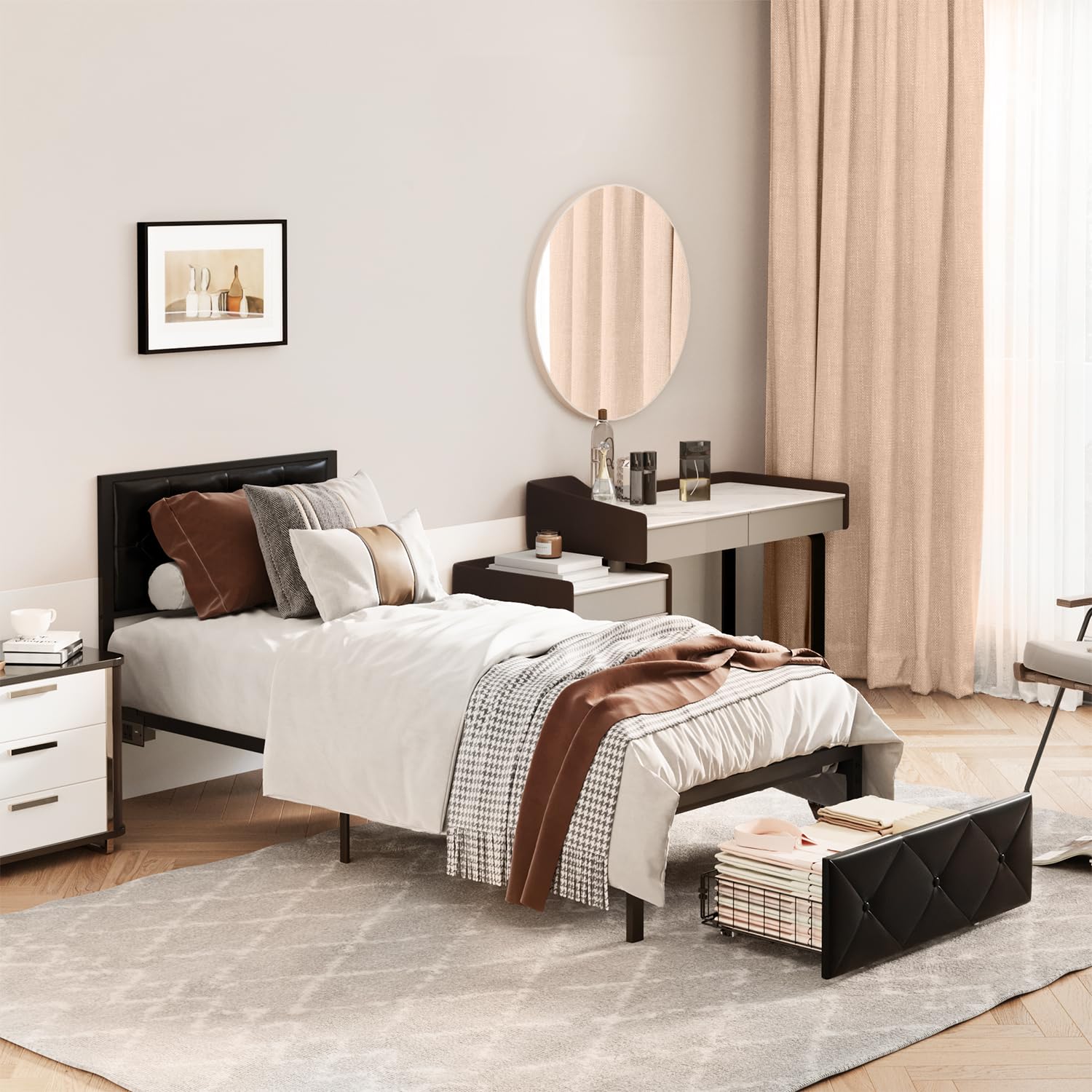 Struttura Letto Singolo, 90 x 200 cm, con stazione di ricarica e testa imbottita, struttura per letto con cestino, ruote in metallo, capacità di peso 300 kg
