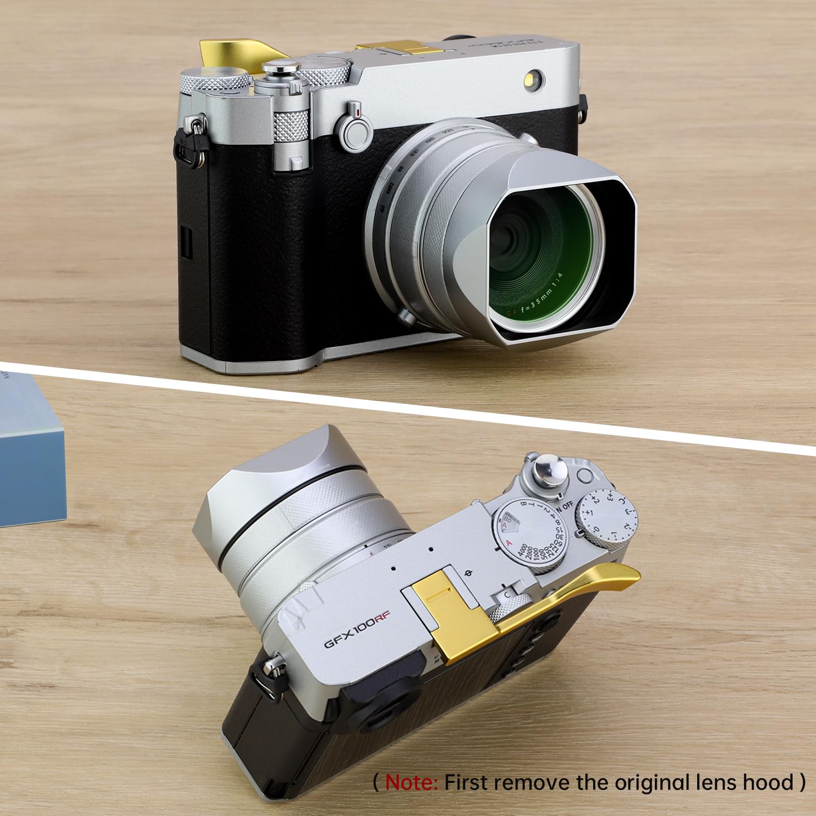 Haoge Metalowa kwadratowa osłona obiektywu do aparatu Fujifilm GFX100RF LH-GFXRF-IIS+Cap-GFXRF-IIS srebrny bagnet z metalową nasadką