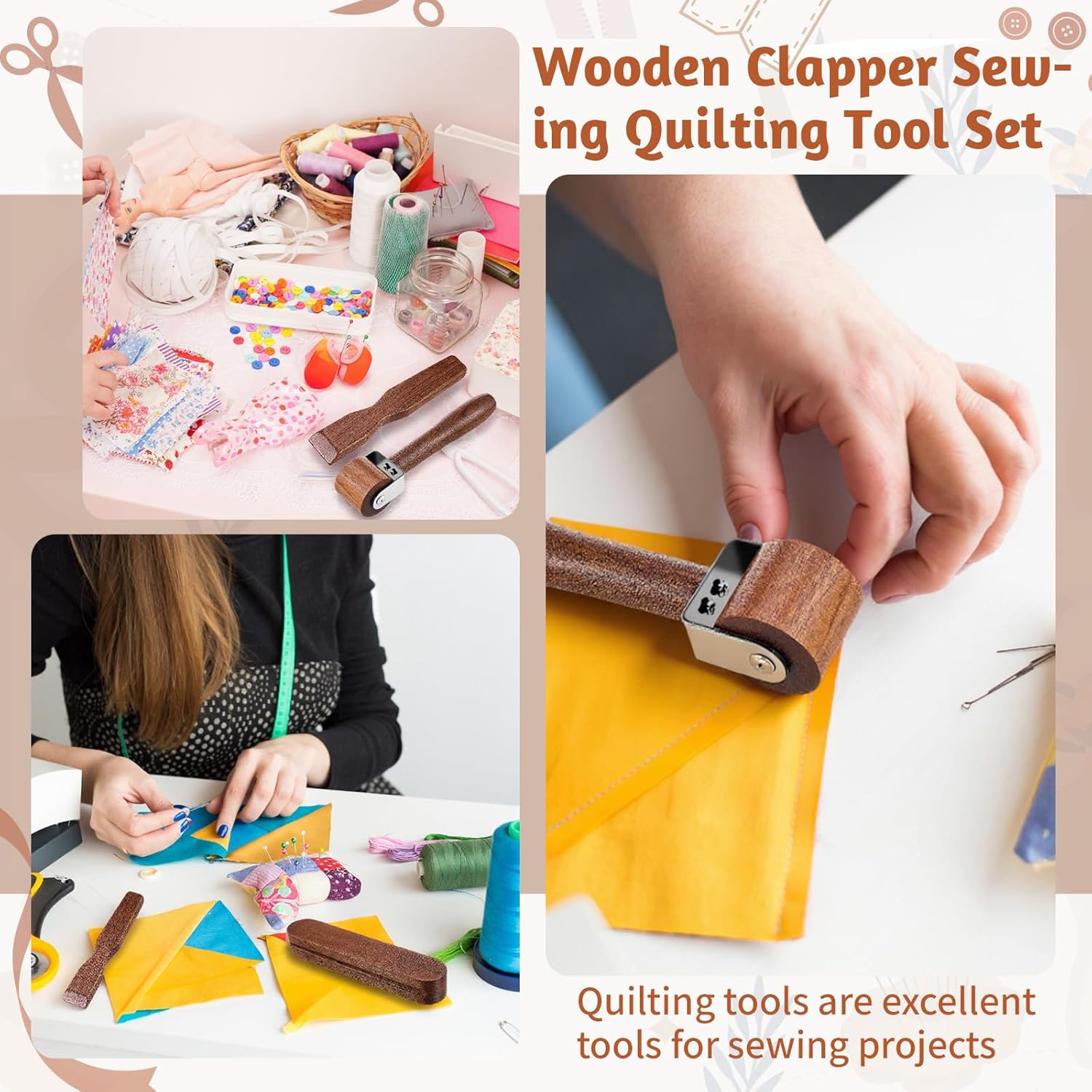 AceOrbit 3 Pieces Wooden Clapper Sewing Quilting Tool Set Include 1 Tailors Clapper 1 Wood Pressing Stick 1 Quilting Seam Roller for Sewing Fabric Folds Accenting Clothing Wrinkle