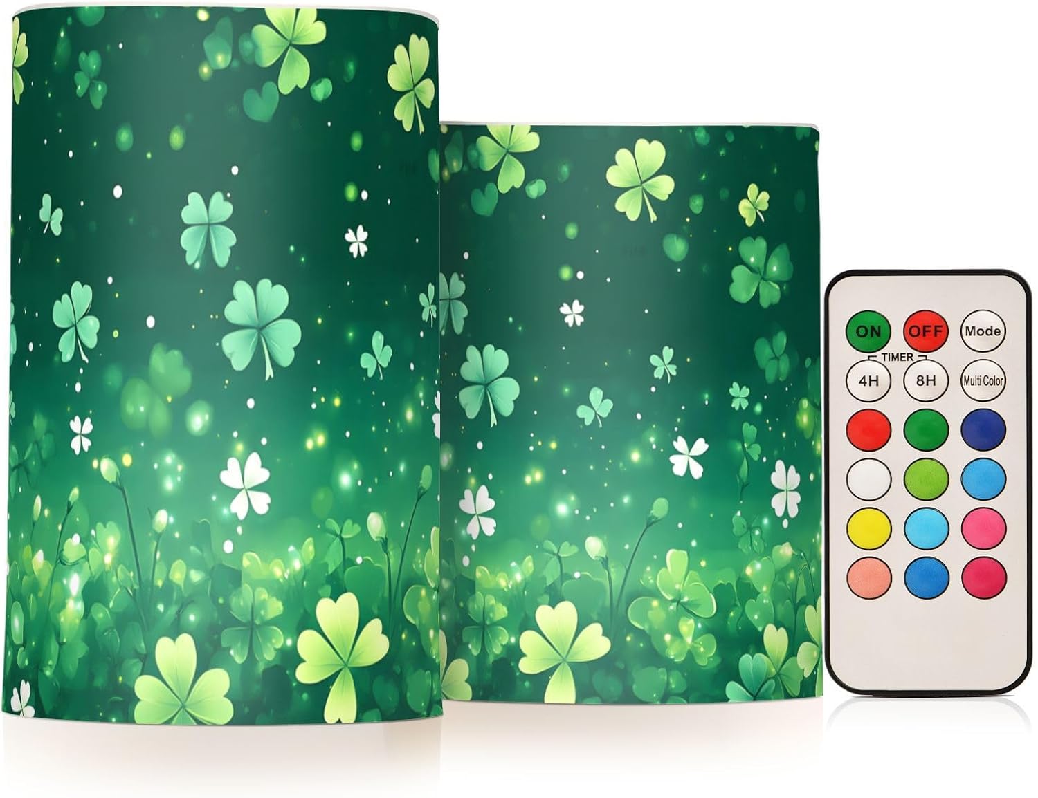 ALAZA Green Leaf Happy St. Patrick's Day Shamrock Green Flickering Flameless Candles Pillar Led Candles Battery Operated Candles with Remote and Timers Set of 2