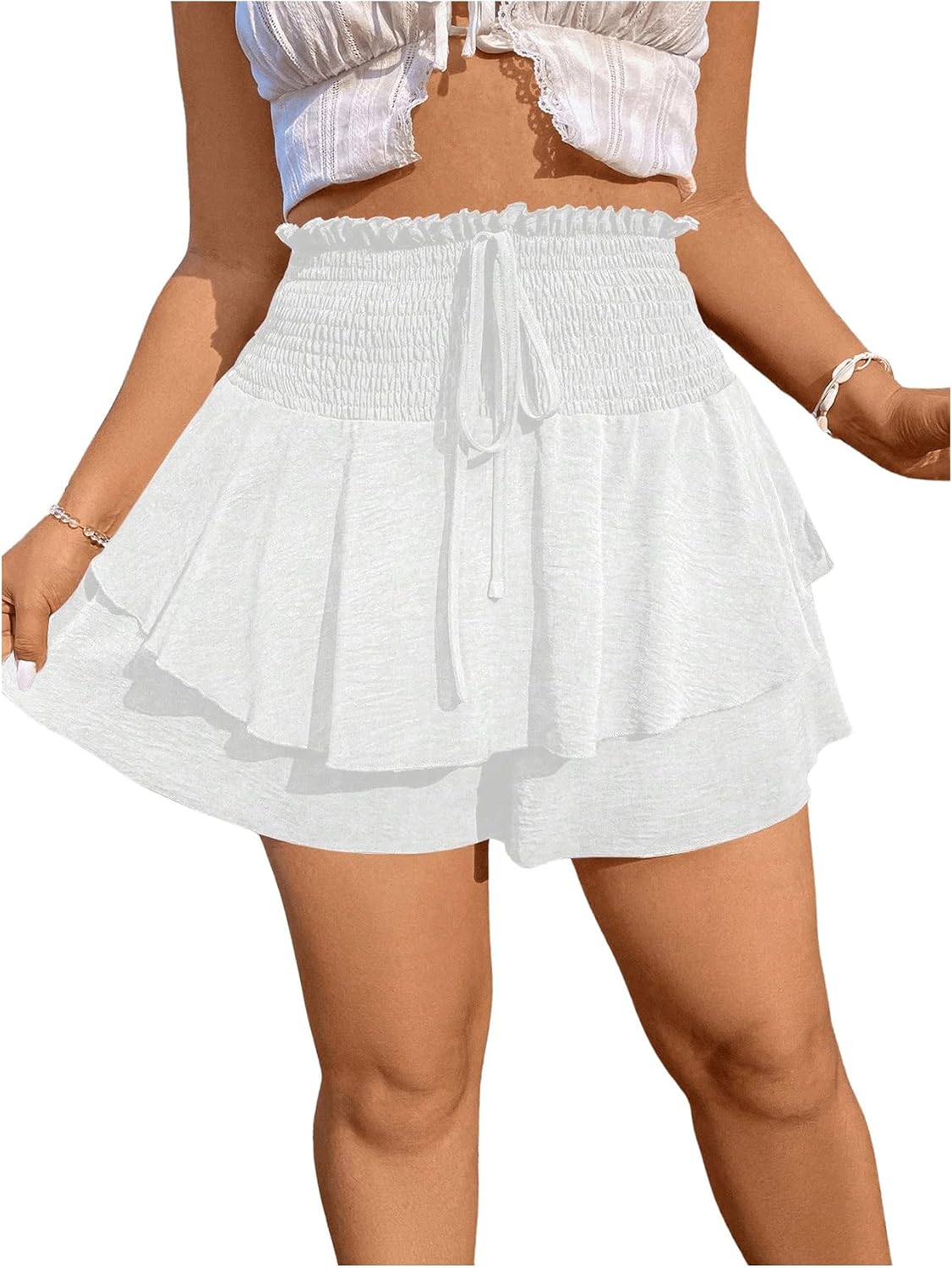 OYOANGLE Women's Plus Size Skort Summer Beach Ruffle Flowy High Waisted Wide Leg Vacation Boho Shorts
