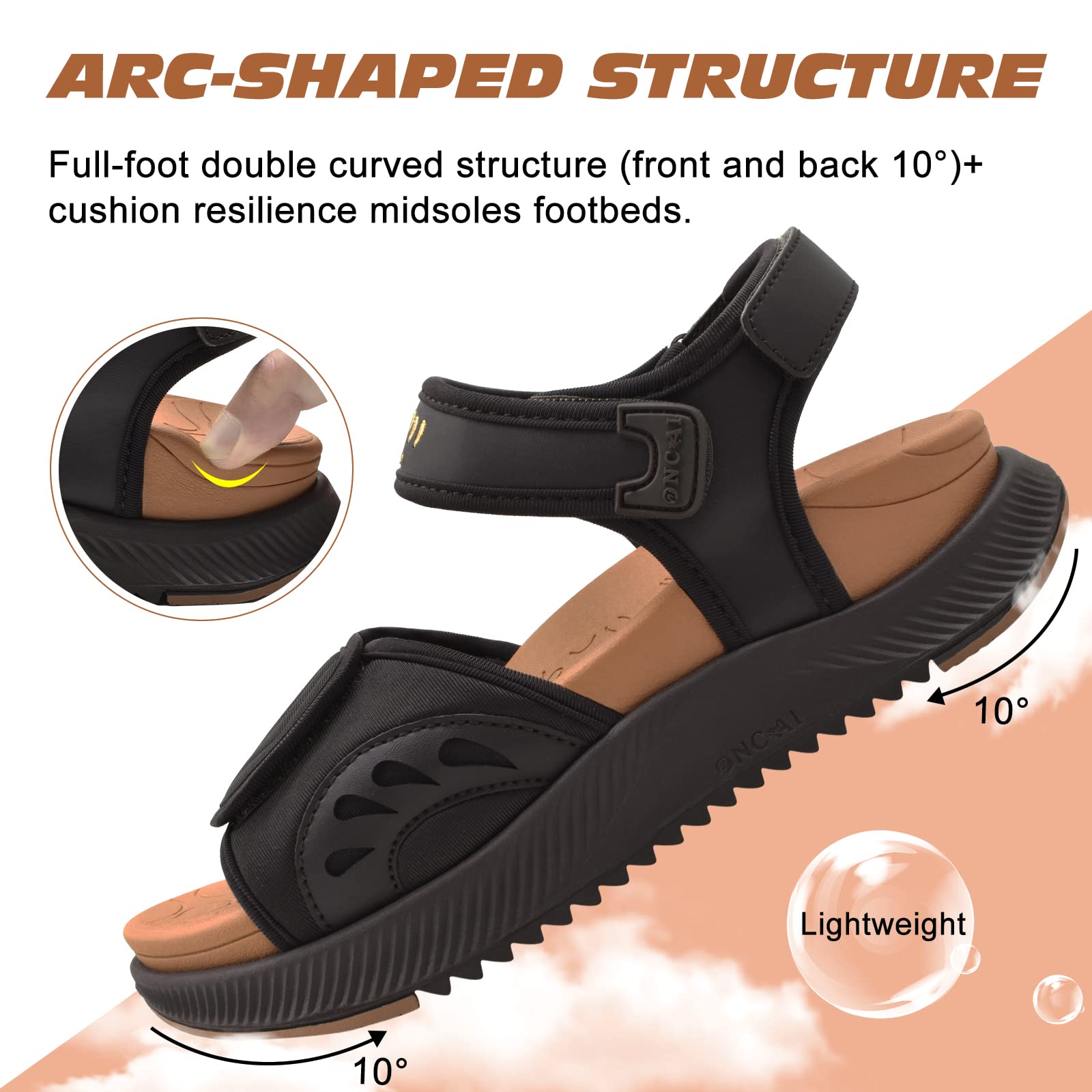 ONCAI Wander Sandalen Damen, Arch Support mit Orthopädische Outdoor Fußbett für Plantar Fasciitis,Plateau Sport Damen Sandalen mit 3 Verstellbare Klettverschluss Größe 36-43