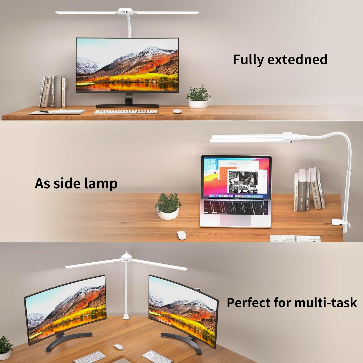KableRika Lámpara de escritorio de doble cabeza LED regulable, lámpara de escritorio brillante con pinza para oficina en casa, lámpara de cuello de cisne para proteger los ojos con 4 modos de color y