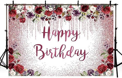 Miniatura 4 de SENDY Telón de fondo de cumpleaños de 8 x 6 pies, suministros para decoración de fiesta de cumpleaños para niña y mujer, color burdeos, rosa,