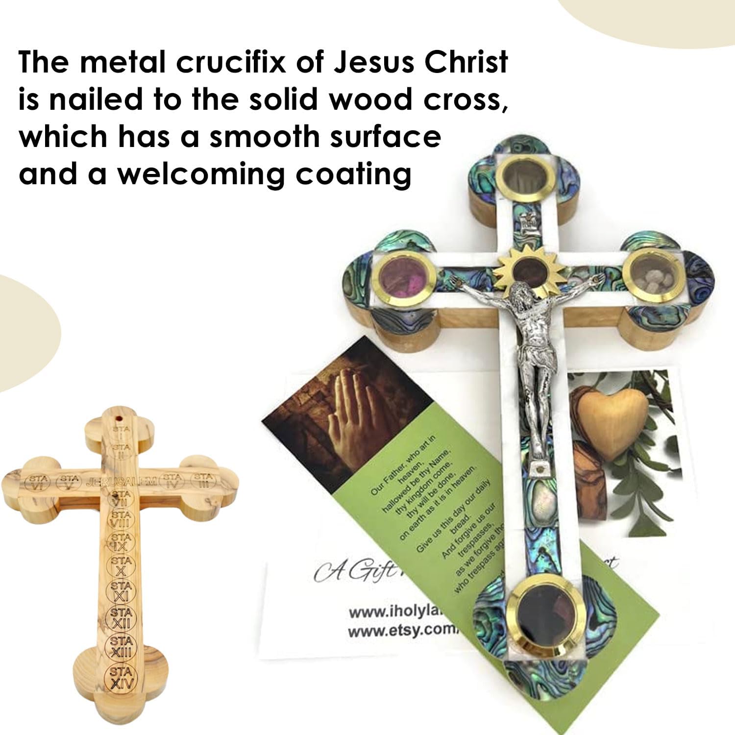 Holy Land Crucifix Wall Cross, Jesus Cross Decor, Catholic Wall Hanging Crucifix with Relics, Holy Wall Cross Made of Olive Wood with Mother of Pearl, (9" X 6" X 1")