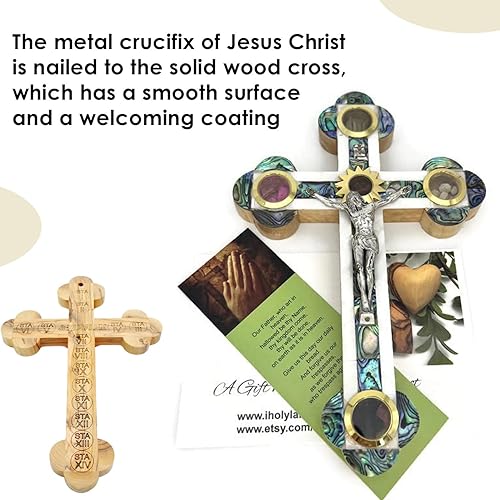 Miniatura 5 de Olive Wood Catholic Wall Hanging Crucifix Covered with Mother of Pearl, Decorative Wooden Wall Cross with Relics from the Holy Land, Cross Gift for