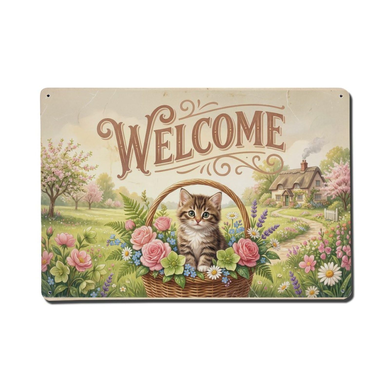 Vintage Welcome Kitten Fresh Blooms（1） Metal Tin Sign