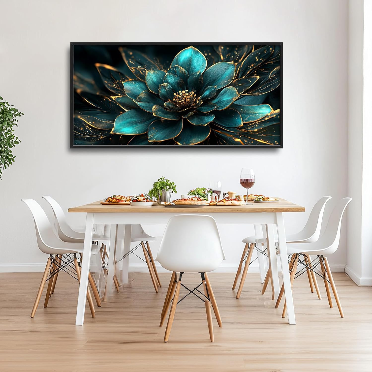 Framed Large Wall Art for Living Room, Teal Flower Canvas Wall Decor, Large Picture Framed Painting, Modern Artwork for Bedroom Office Home Decor 60L'' × 30W''