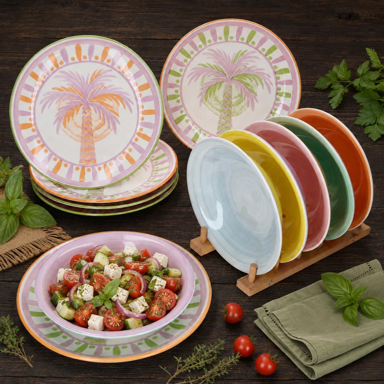 MamboCat Tropicana 12tlg Tafelservice Palmen & Pastell Teller tief & flach