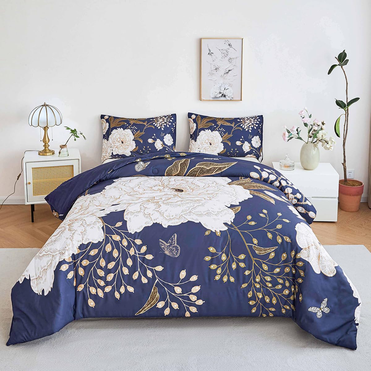STYHO Blue Duvet Cover Sets Floral King 3Pcs Large White Flower Bedding Set Soft Reversible Botanical Butterfly Printed Duvet Covers for All Seasons(Blue