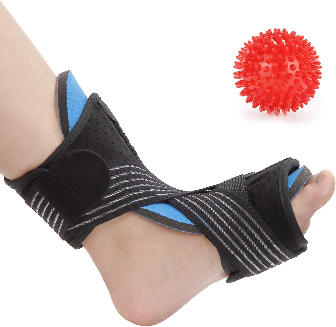 Plantar Fasciitis Night Splint Brace - Adjustable Foot Drop Orthotic Support, Relieve for Plantar Fasciitis, Achilles Tendonitis with a Massage Ball, Fits Right or Left Foot (Black)