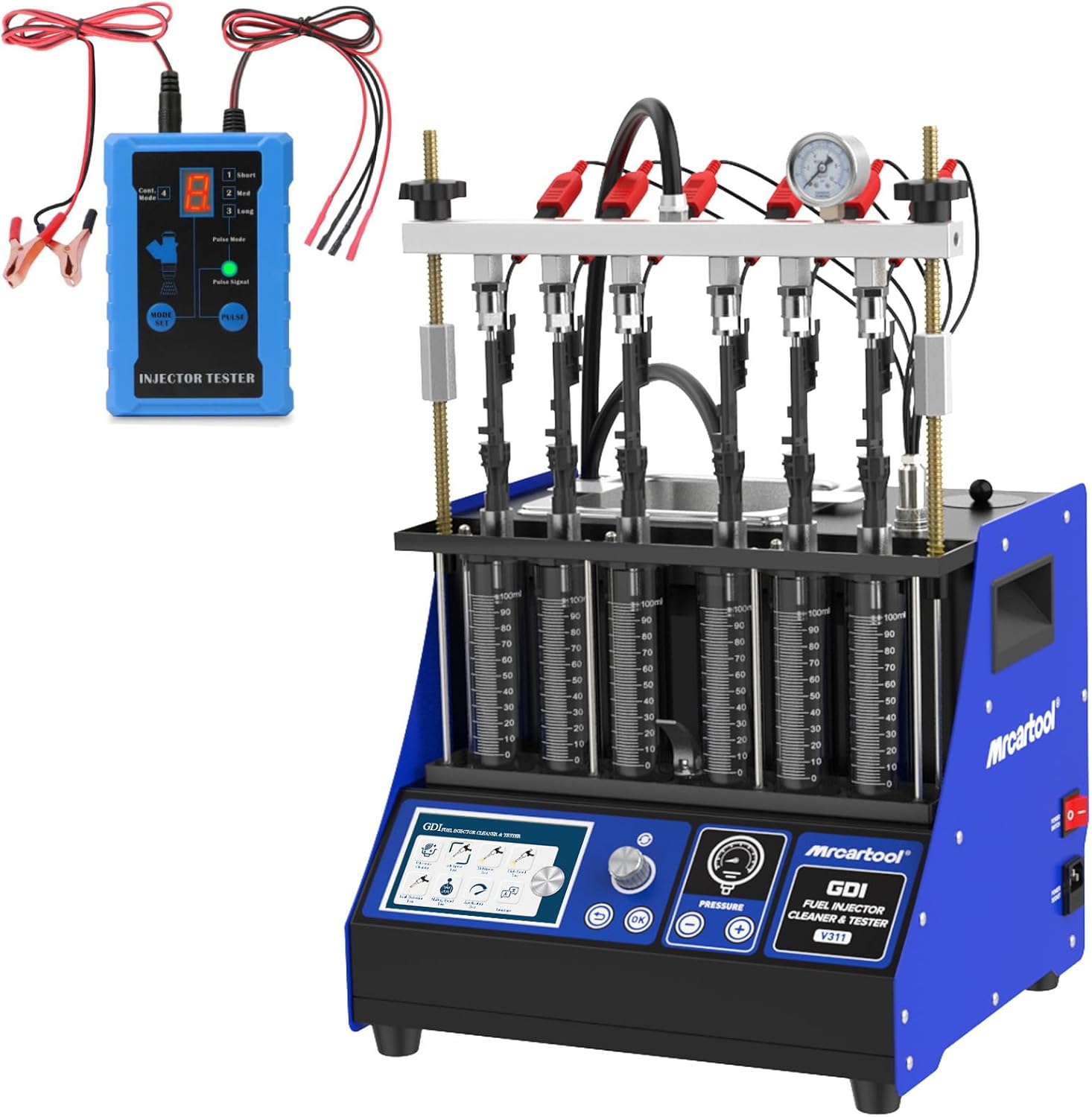 MR CARTOOL V311 Fuel Injector Cleaner Machine, 6-Cylinder Heated Ultrasonic Cleaner Tester, 110V Automotive Fuel System Injection Cleaning Tester Kit with 7 Core Functions for Most Vehicles