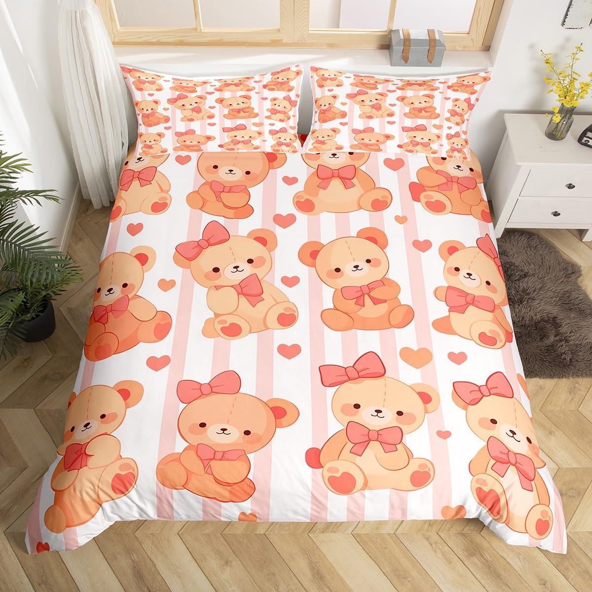 Bear Bows Comforter Cover Toddler for Little Girls Lovely Duvet Cover,Kawaii Striped Pink Decor for Bedroom,Brown Bear Animal Bedding Set Geometric Cute Bed Cover