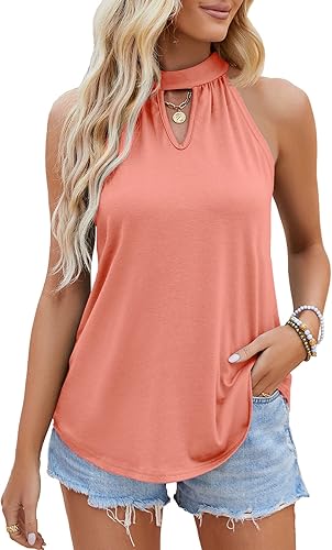 Miniatura 3 de AGSEEM Camiseta sin mangas para mujer, de verano, cuello halter, con abertura en la bocalla, ajuste holgado