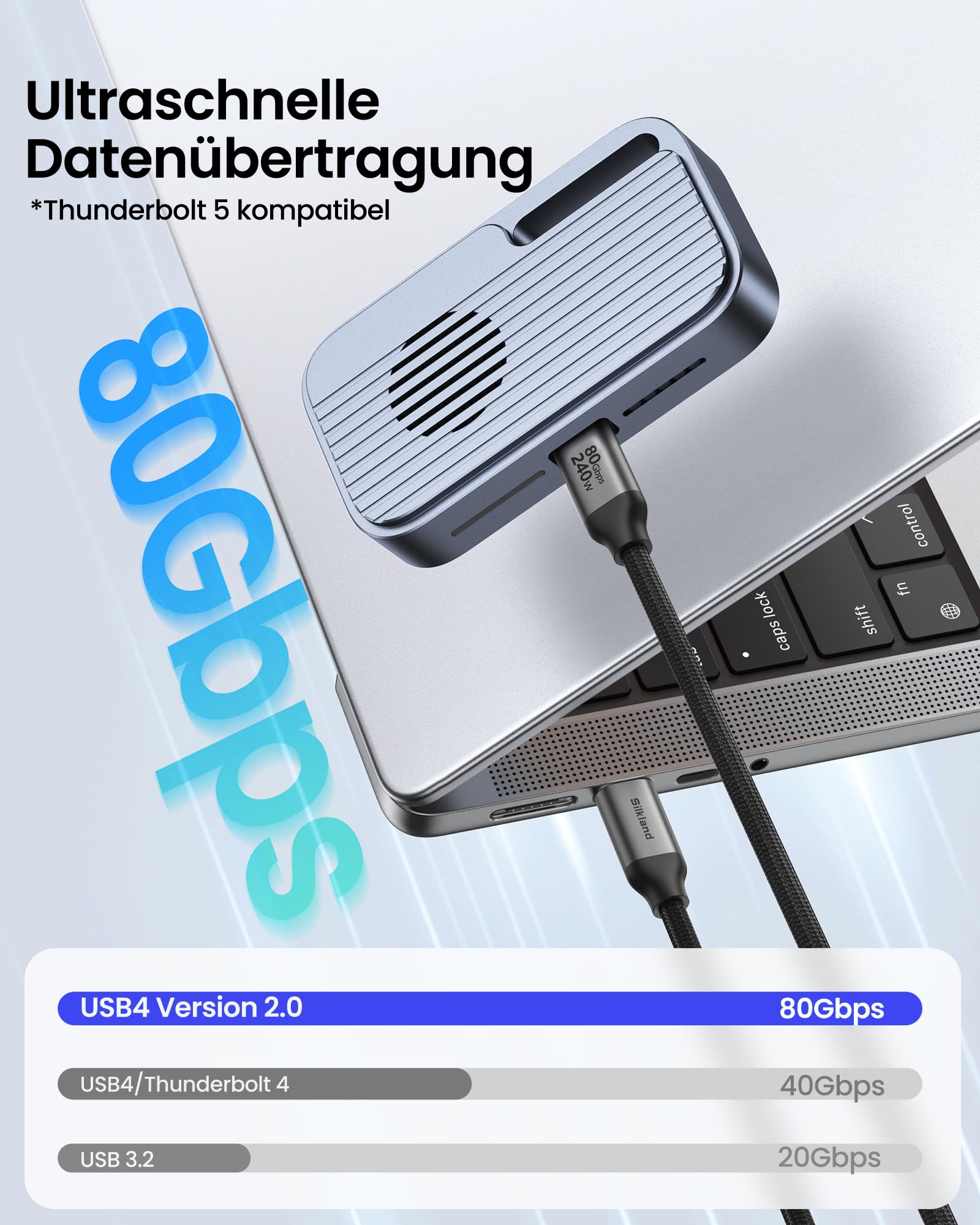 Silkland USB 80Gbps Kabel Kompatibel mit Thunderbolt 5 Kabel 3M 16K/Dual 8K | bis zu 120Gbps Videobandbreite, PD3.1 240W, USB4 V2.0 für Thunderbolt 4/3, USB-C, SSD, Laptop, Dock, Monitor
