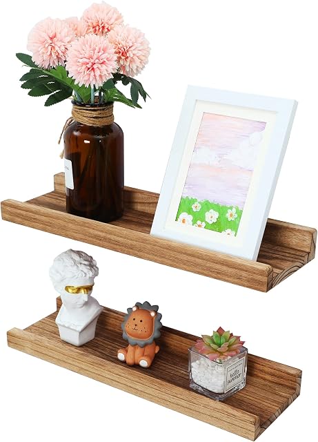 PHOENANCEE 43cm Wall Picture Shelves Ledge, Rustic Wood Ledge Shelves, Decorative Photo Shelf For Living Room, Kitchen, Bedroom, Books, Set of 2, Carbonized Black