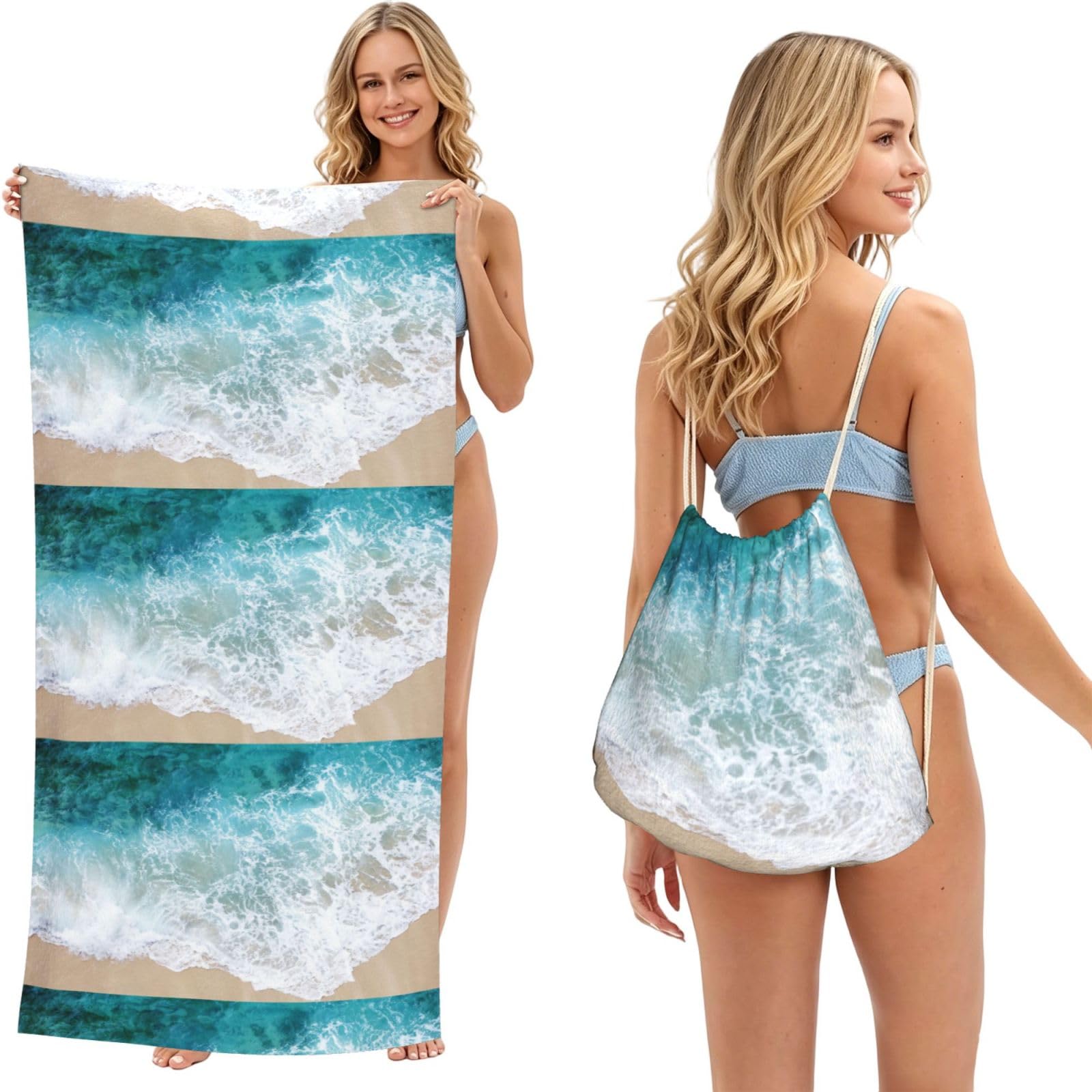 Poadnly As Picture Beautiful Ocean Waves, 2 In 1 Packable Towel Bag, Beach Towels With Drawstring Backpack For Travel Holiday Camping