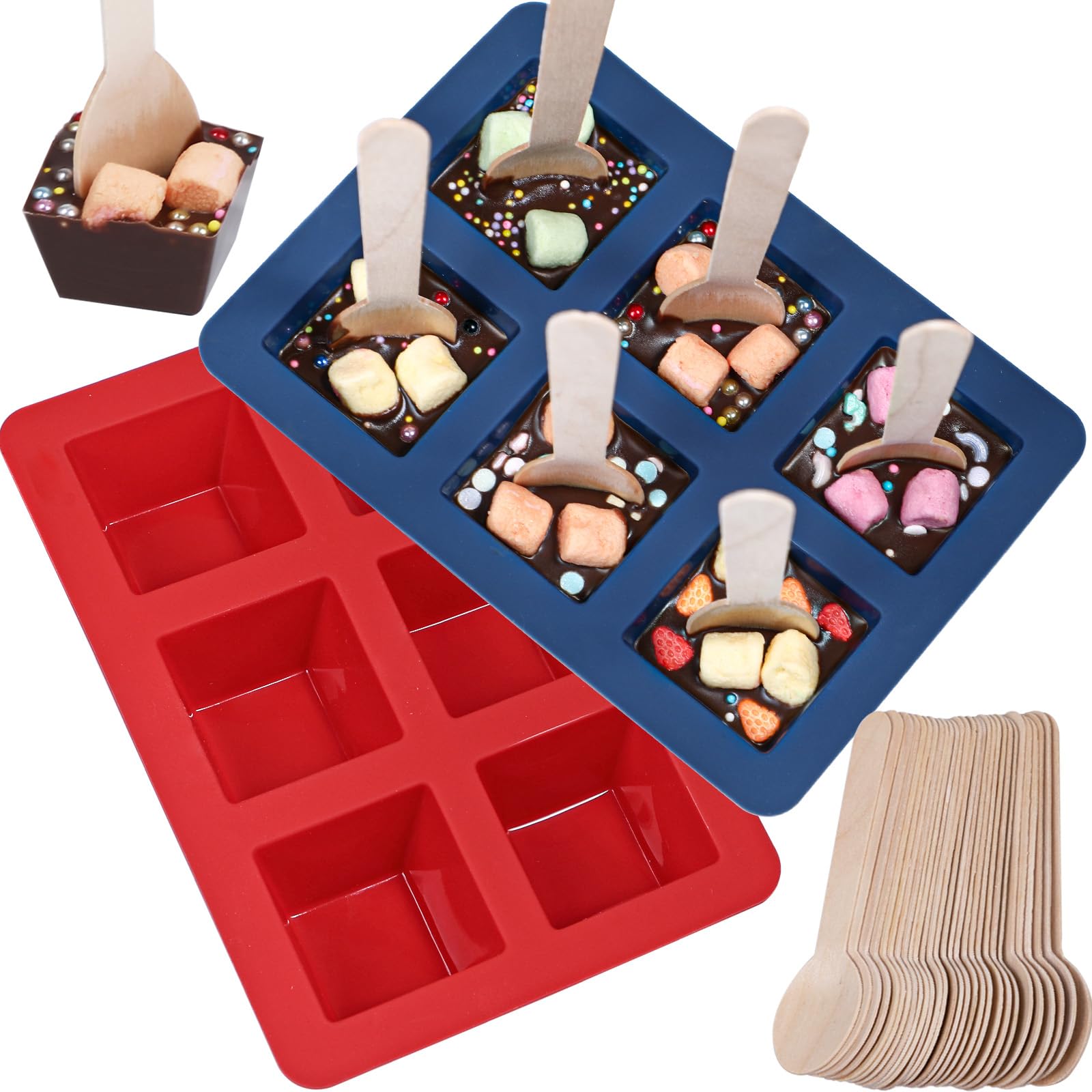 Webake Hot Chocolate Stirrer Moulds Silicone 2 Pcs Hot Chocolate Spoon Mould with 30 Pcs Wooden Spoons for Hot Chocolates, Square