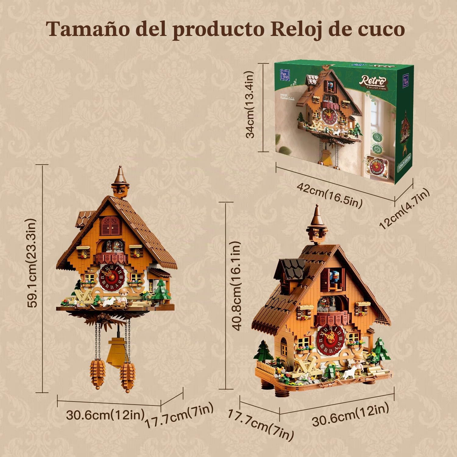 PANTASY Juego de bloques de reloj de cuco, diseño vintage chalet, reloj de pared mecánico con cuco motorizado, escenario giratorio y rueda de agua, perfecto para