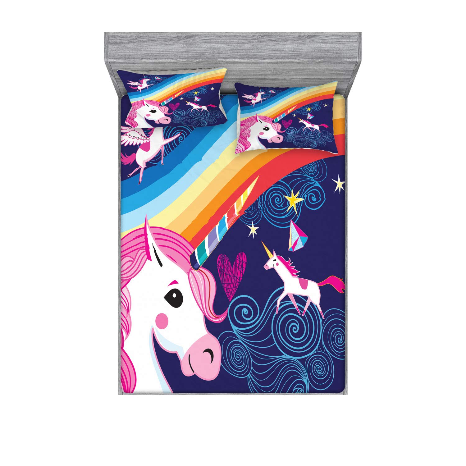 Ambesonne Unicorn Fitted Sheet & Pillow Sham Set, Colorful Arrangement of Mythical Animals in The Sky with Rainbows Girly Design, Decorative Printed 3 Piece Bedding Decor Set, Queen, Lavender