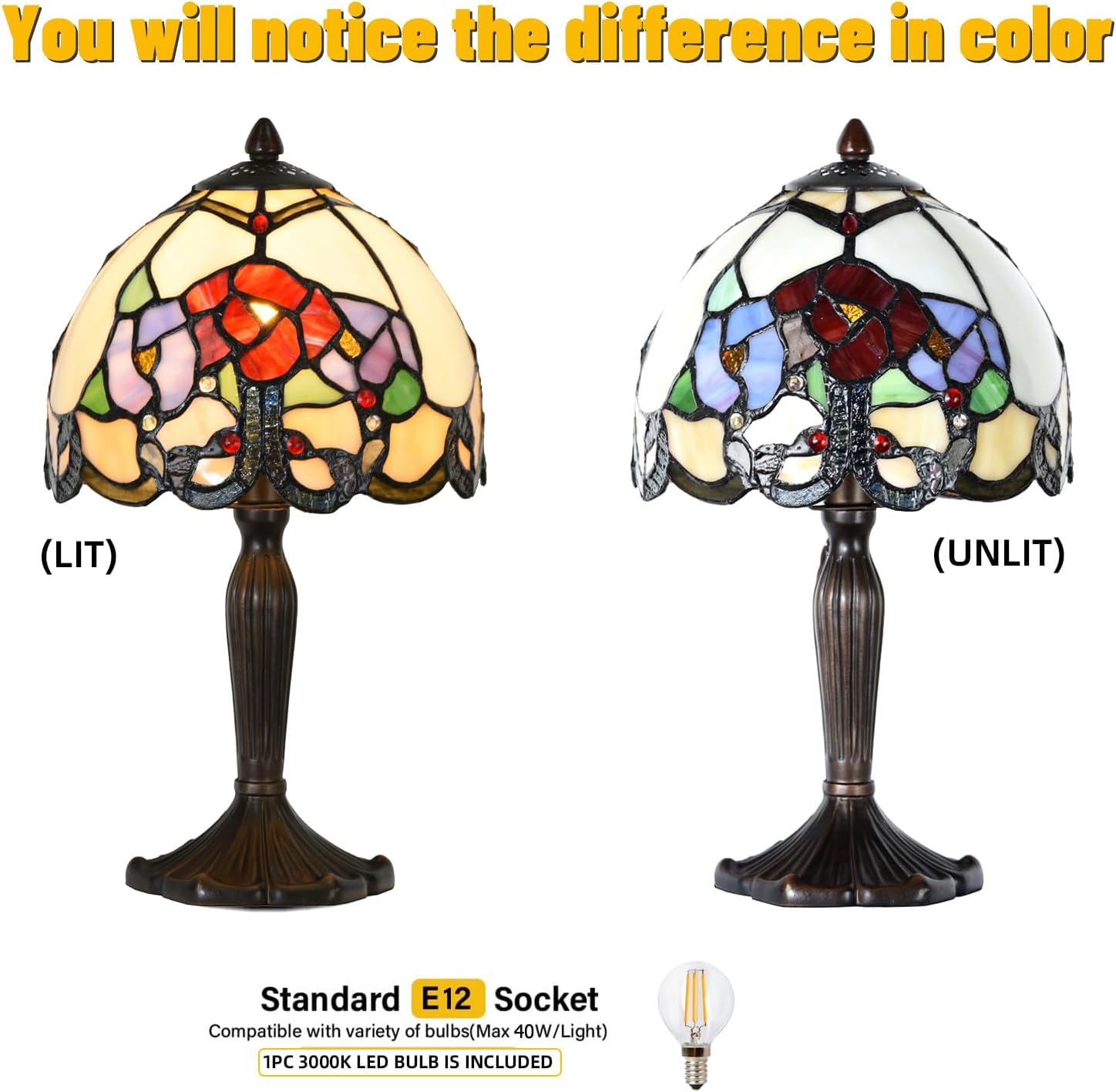 TL0010 Small Tiffany Lamp Rose Flowers Design Stained Glass Table Lamp 8" D x 14.25" H for Living Room Bedroom Bedside Nightstand Home Office, LED Buld Included (Rose Flower)