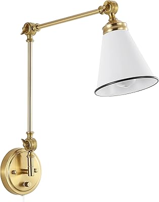 WINGBO Swing Arm Wall Lamp, Modern Adjustable Wall Mounted Sconce, Warm Brass Finish and White Metal Shade