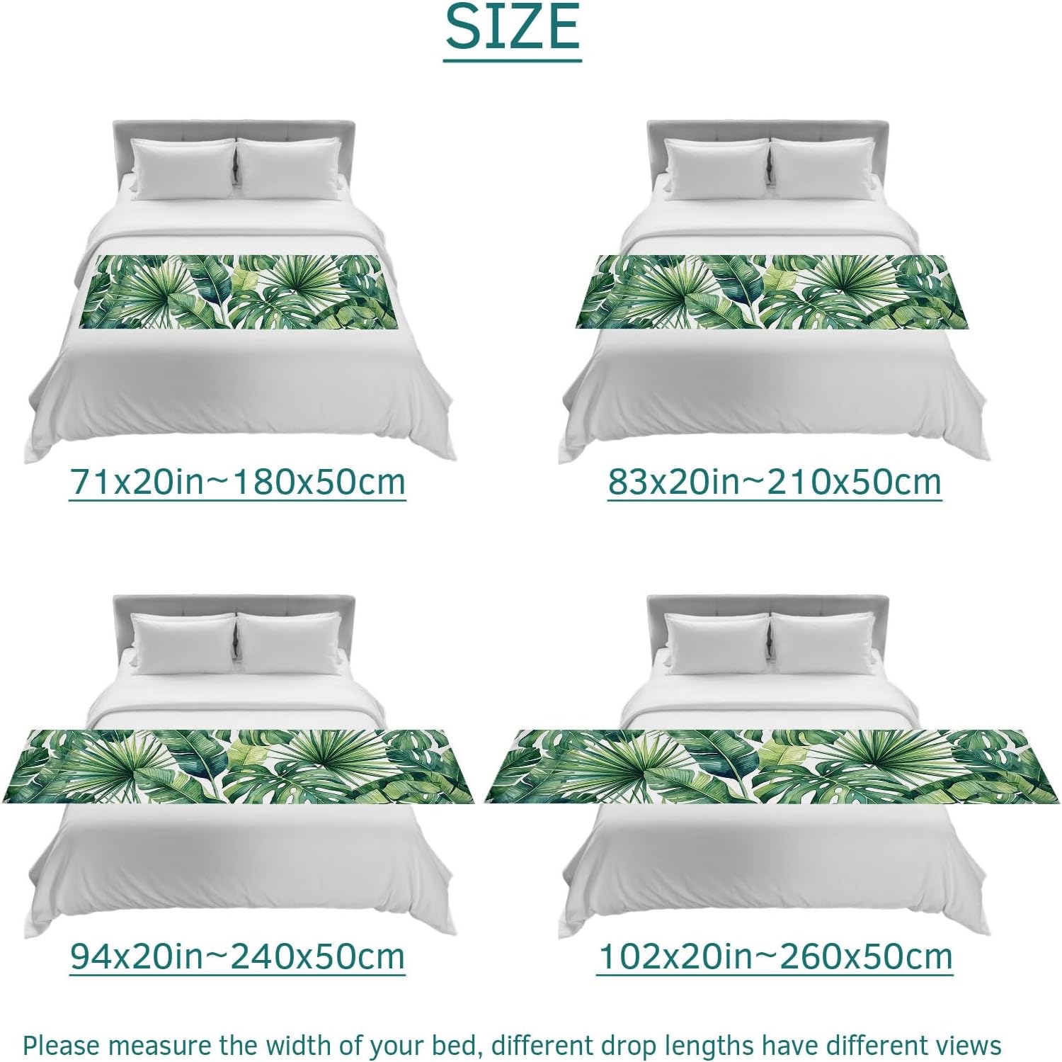 Tropical Monstera Leaves Bed Runners for King Size Beds, Decorative Bed Throws for Foot of Beds, Luxury Bedding Protector Slipcover Country Botanical Palm Leaf Green Bedrunners & Scarves, 102"x20"