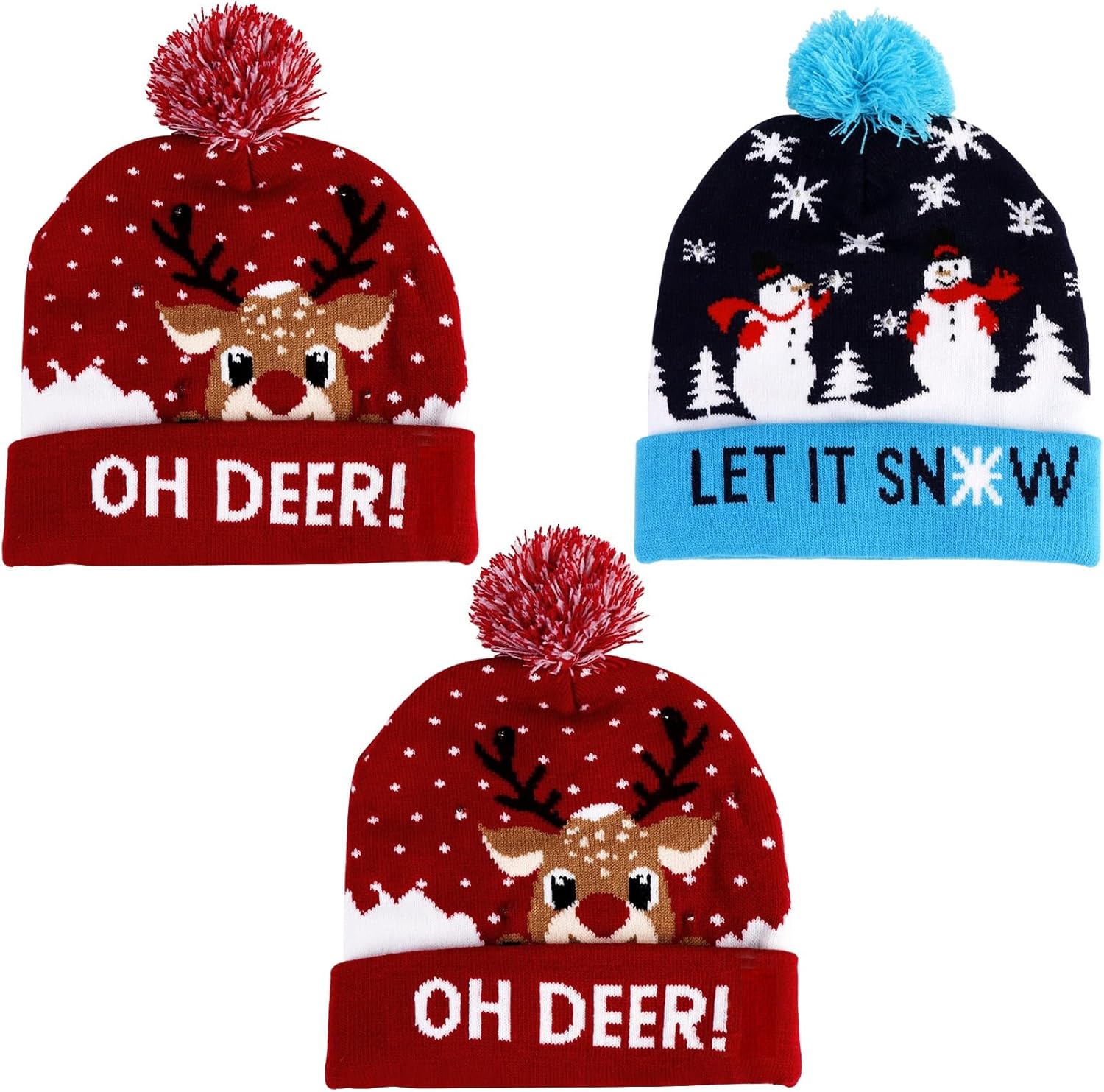 3Set LED Winter Hat with Batteries Beanie Knitted Winter Family Hat